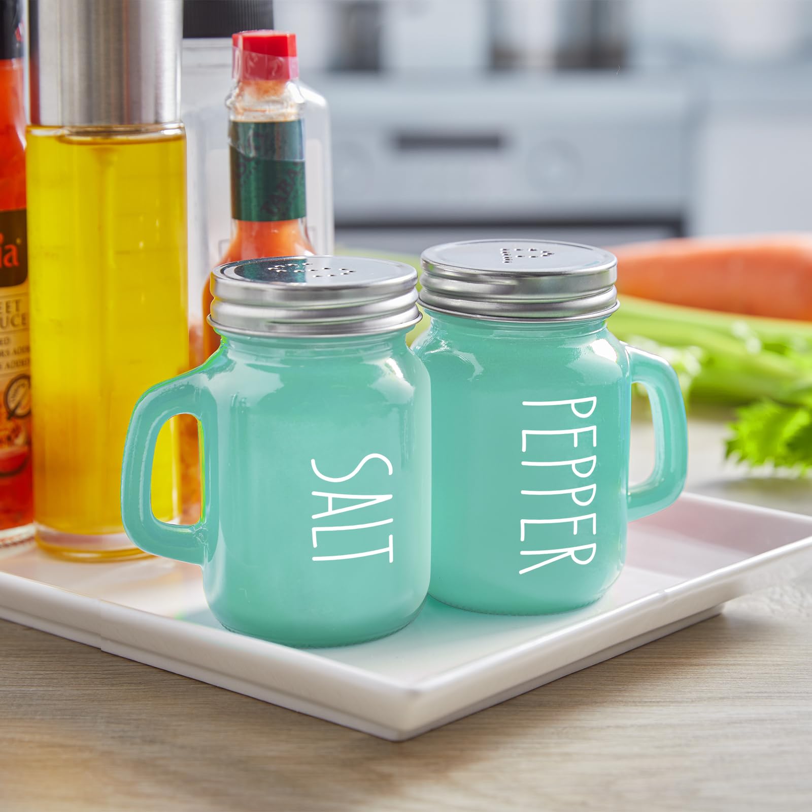Turquoise Glass Salt and Pepper Shakers Set - Elegant Teal Kitchen Decor for Home, Restaurant & Wedding - Refillable Spice Containers for Dining Table, RV, BBQ - Perfect for Everyday Cooking, Camping & Hosting Guests - Easy to Clean & Use