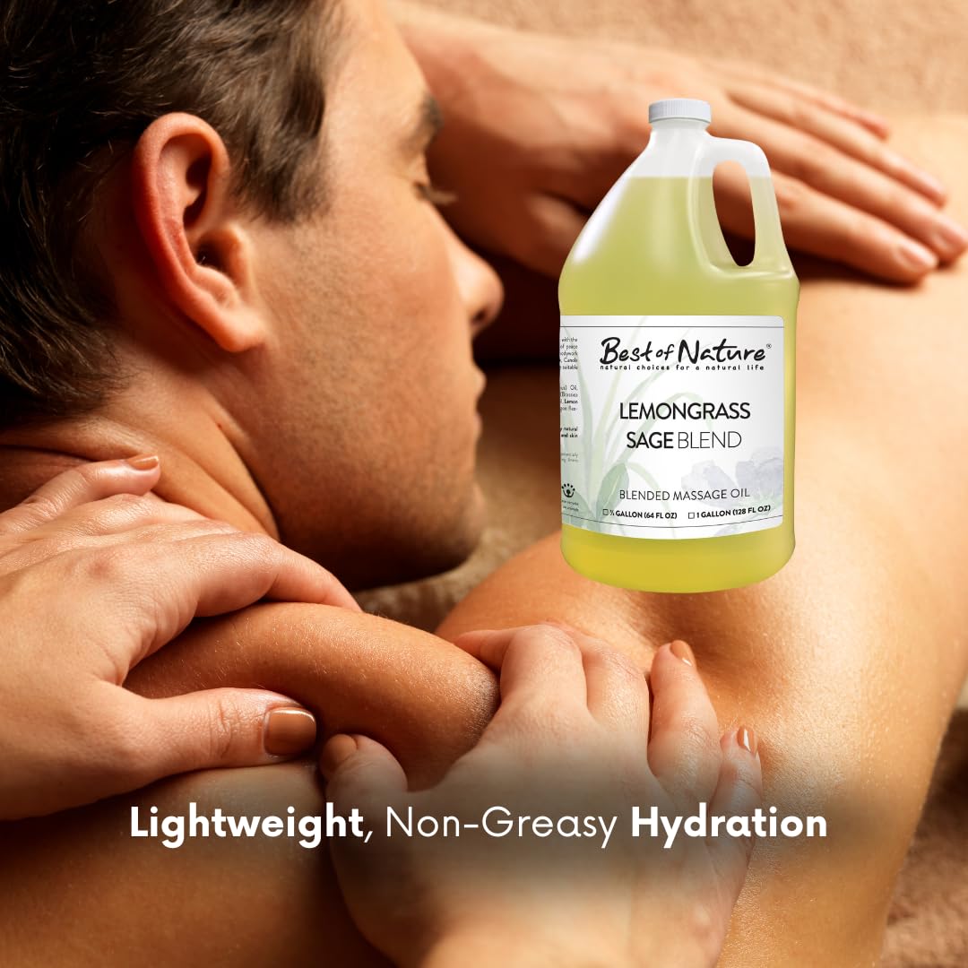 **Best of Nature Lemongrass & Sage Massage Oil – Non-Greasy Aromatherapy Body Oil for Relaxation, Skin & Face Care – Pure Essential Oils, 64 fl oz (Half Gallon) – Perfect for Spa, Yoga & Stress Relief**