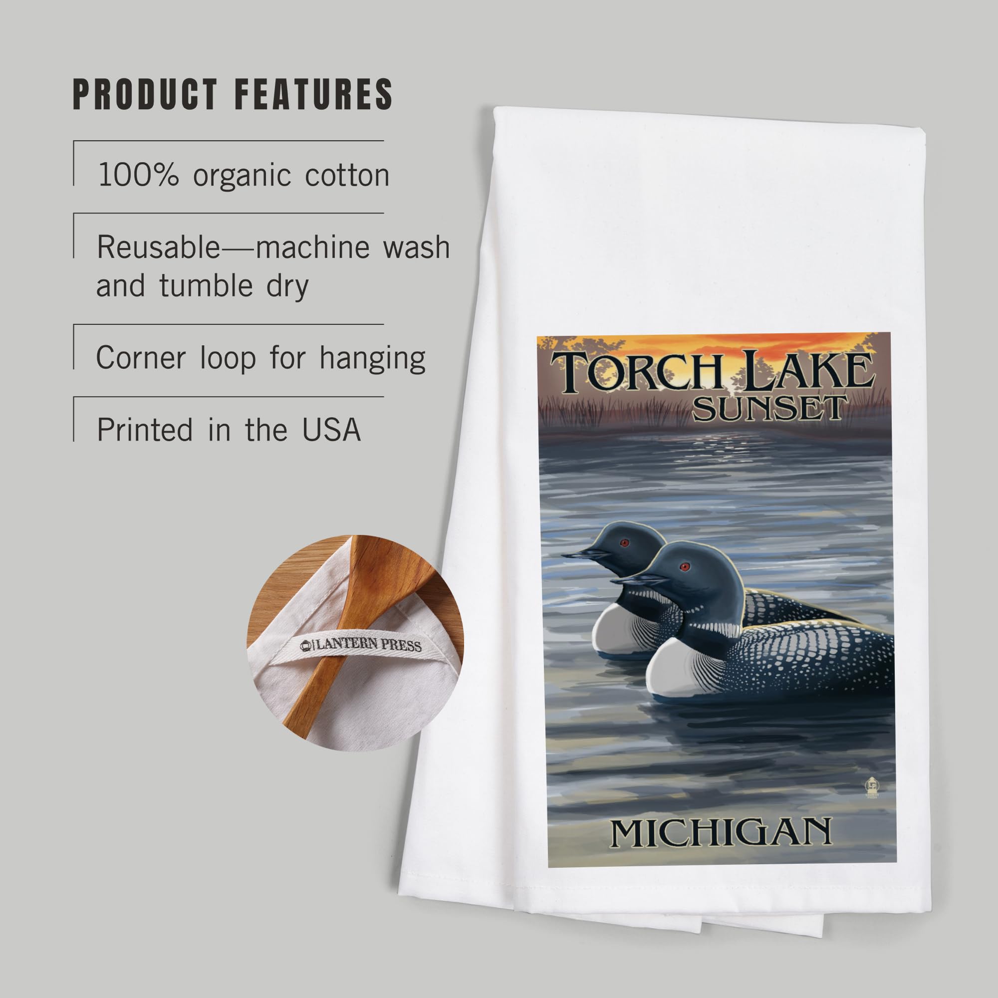 Lantern Press Torch Lake Michigan Loons at Sunset 100% Cotton Tea Towel - Decorative Hand Towel for Kitchen, Home Decor & Gifts - Perfect for Dish Drying, Wall Art & Cozy Farmhouse Style