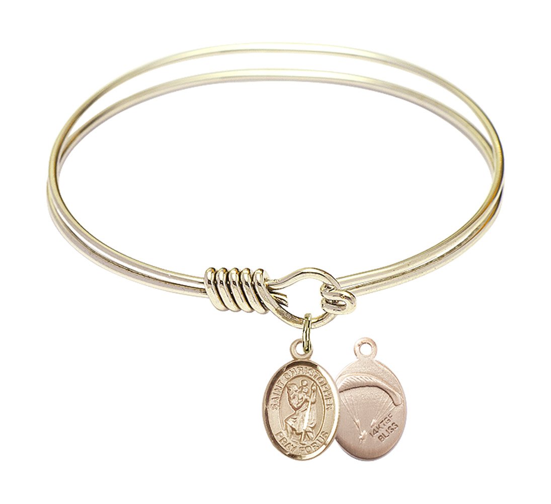 6 1/4 Inch Round Eye Hook Bangle Bracelet with St. Christopher Paratrooper Charm - Military Inspired Jewelry for Soldiers, Veterans & Outdoor Enthusiasts