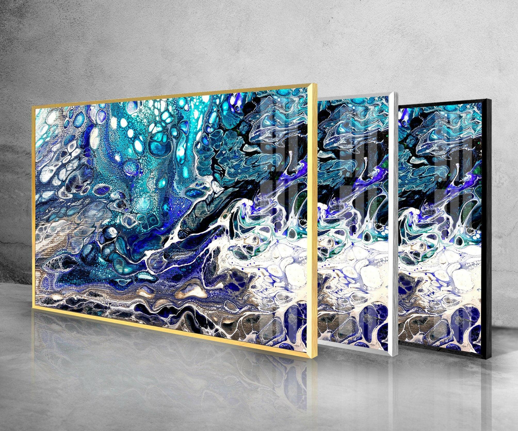 Turquoise Blue Alcohol Ink Glass Wall Art - Handmade Modern Abstract Home Decor for Living Room, Bedroom, Office