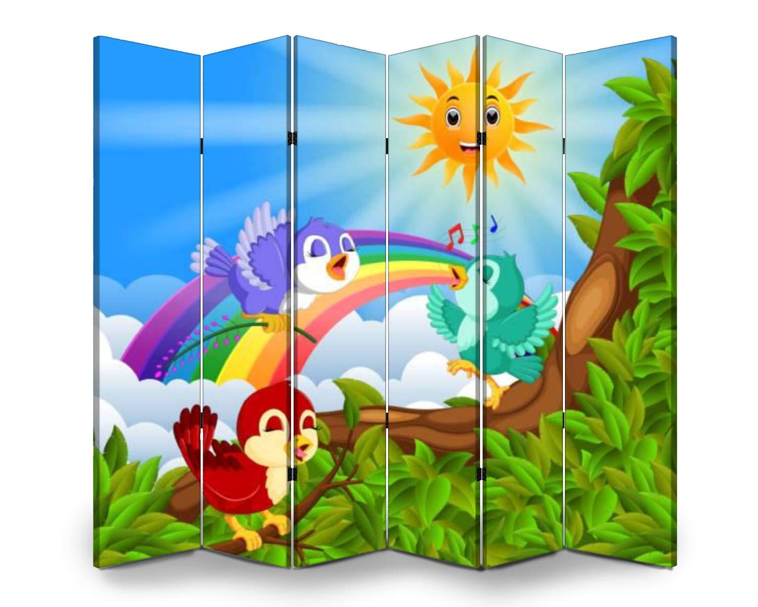 6-Panel Wooden Folding Screen Room Divider - Hand-Painted Tree Branch with Birds & Rainbow Scene - Dual-Sided Canvas Privacy Partition for Home & Office Decor | Perfect for Living Rooms, Bedrooms, and Studio Spaces