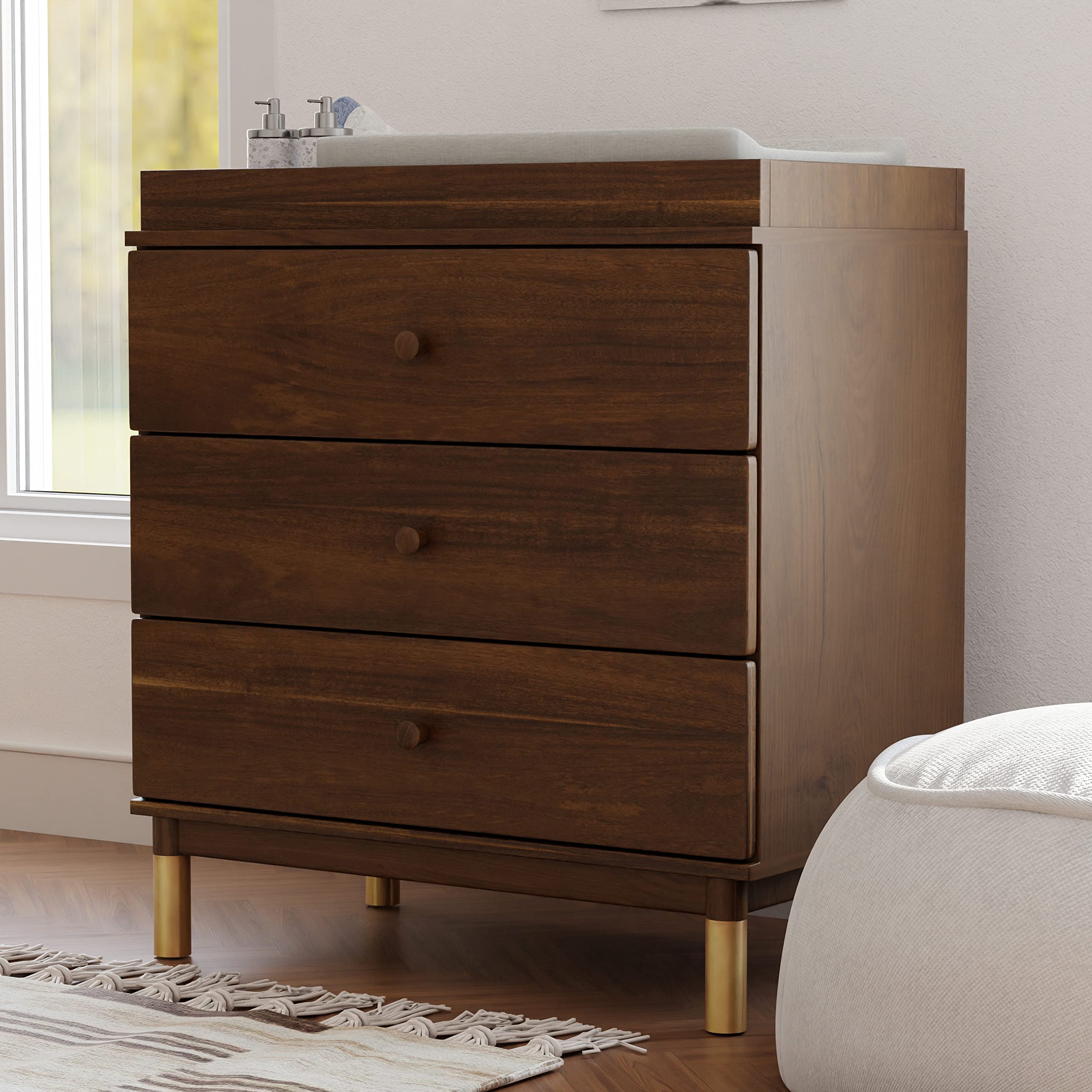 Babyletto Gelato 3-Drawer Changing Table Dresser with Removable Changing Tray - Natural Walnut Finish & Brushed Gold Legs, Greenguard Gold Certified - Perfect Nursery Furniture for Diaper Changes & Baby Storage