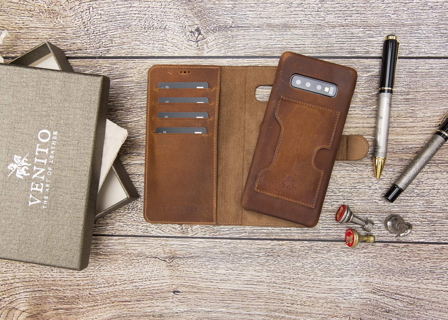 Venito Florence Genuine Leather Wallet Phone Case for Samsung Galaxy S10 Plus - RFID Blocking for Security - Detachable Phone Wallet with Card Slots - Antique Brown - Perfect for Travel, Business & Everyday Use