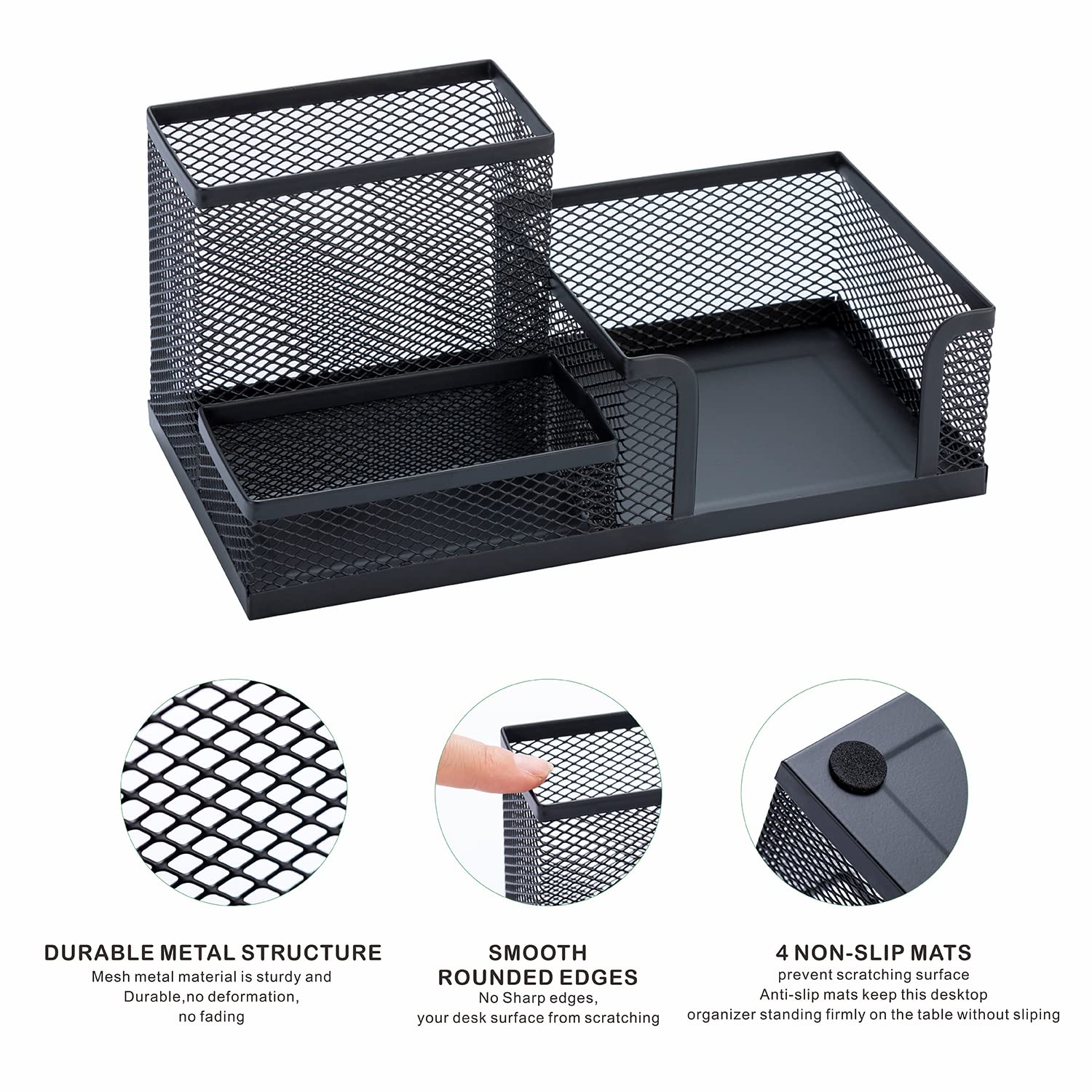 Black Mesh Pen Holder - Large Capacity Multipurpose Desk Organizer with Sticky Notes Holder & 3 Compartments | Includes 4 Non-Slip Mats | Perfect for Office, School & Home Organization | Great for Storing Pens, Pencils, Markers & Office Supplies