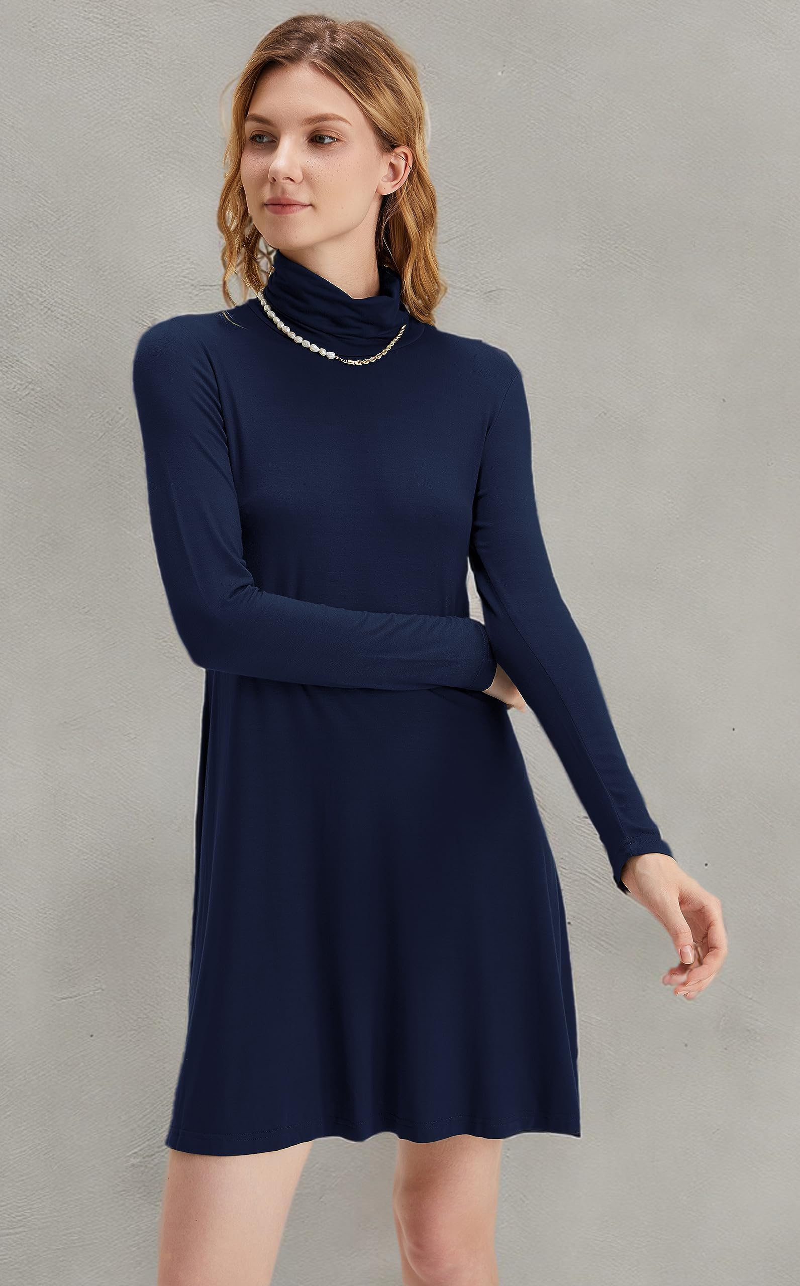Women's Long Sleeve Turtleneck Casual Loose T-Shirt Dress - Comfortable Stretchy Knit Top for Everyday Wear, Office, Date Night & Fall Layering