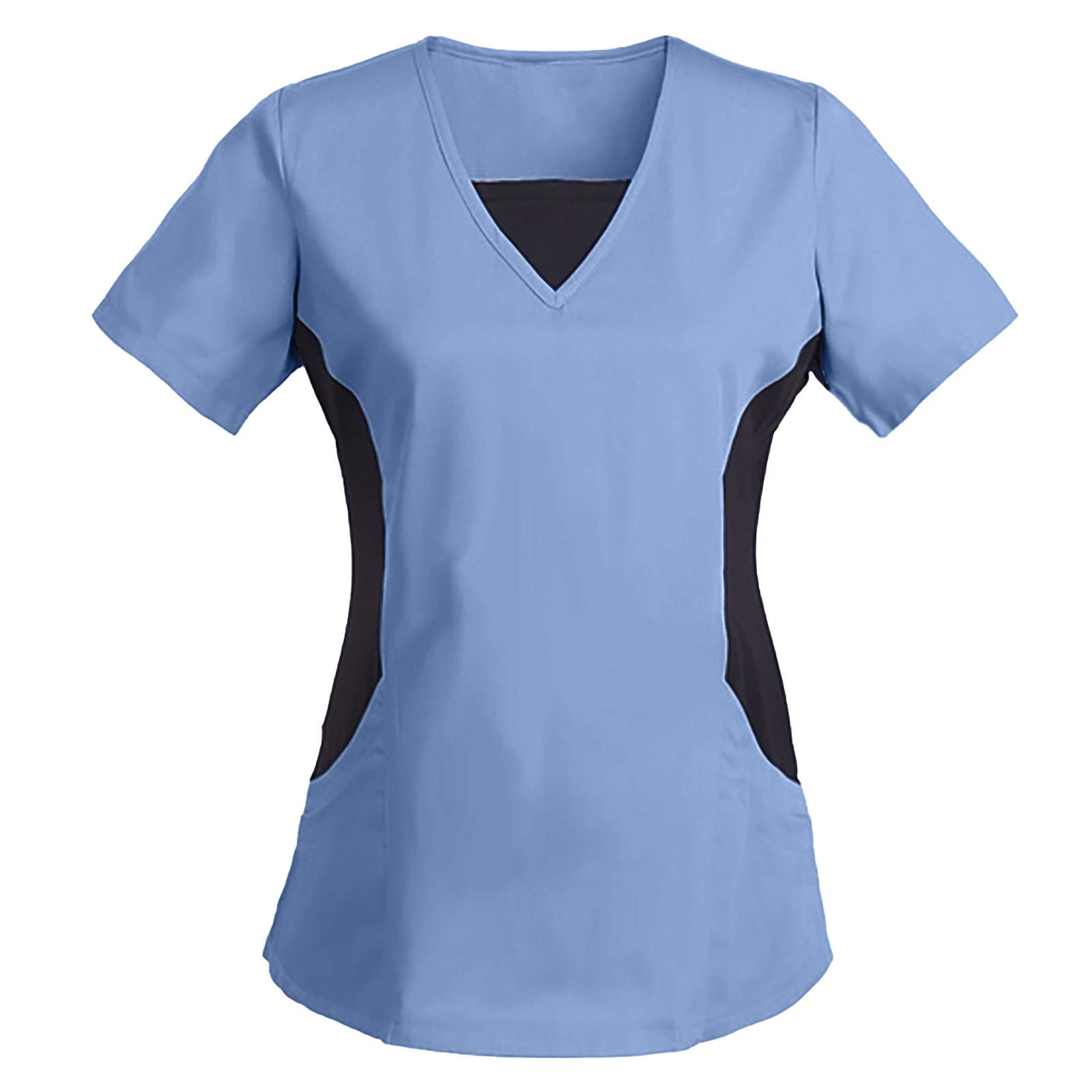 Women's Short Sleeve V-Neck Holiday Shirts - Solid Color Patchwork Pocket Blouse for Work Uniform & Casual Wear | Perfect for Office, Party, and Sleepwear