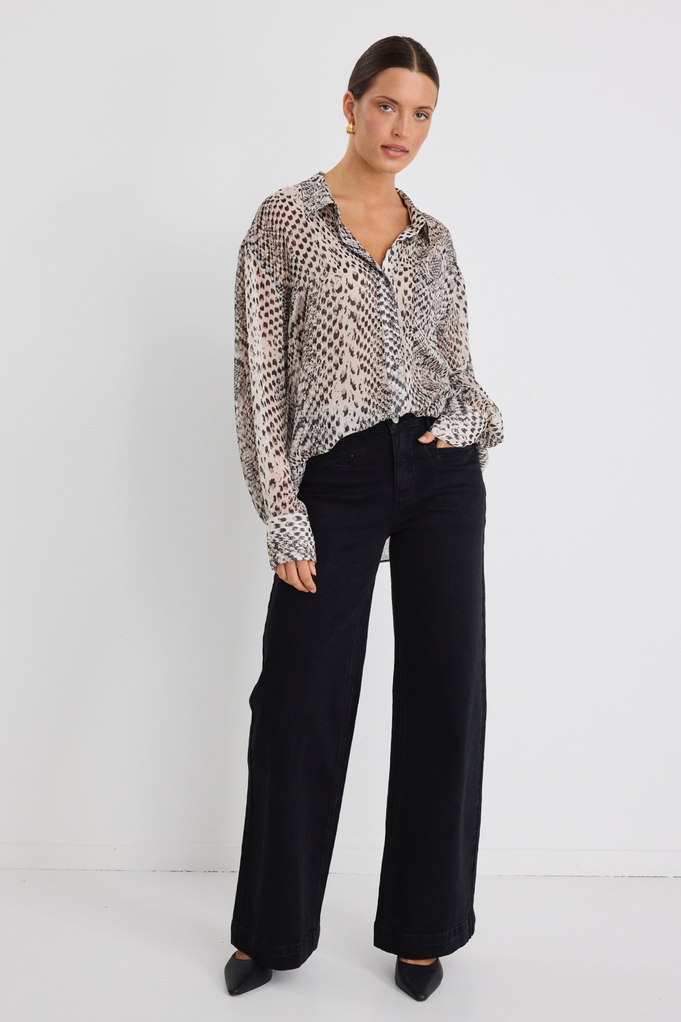 Felix Charcoal Snake Print Georgette Oversized Shirt for Women - Stylish Loose Fit Blouse for Casual Outings and Date Nights
