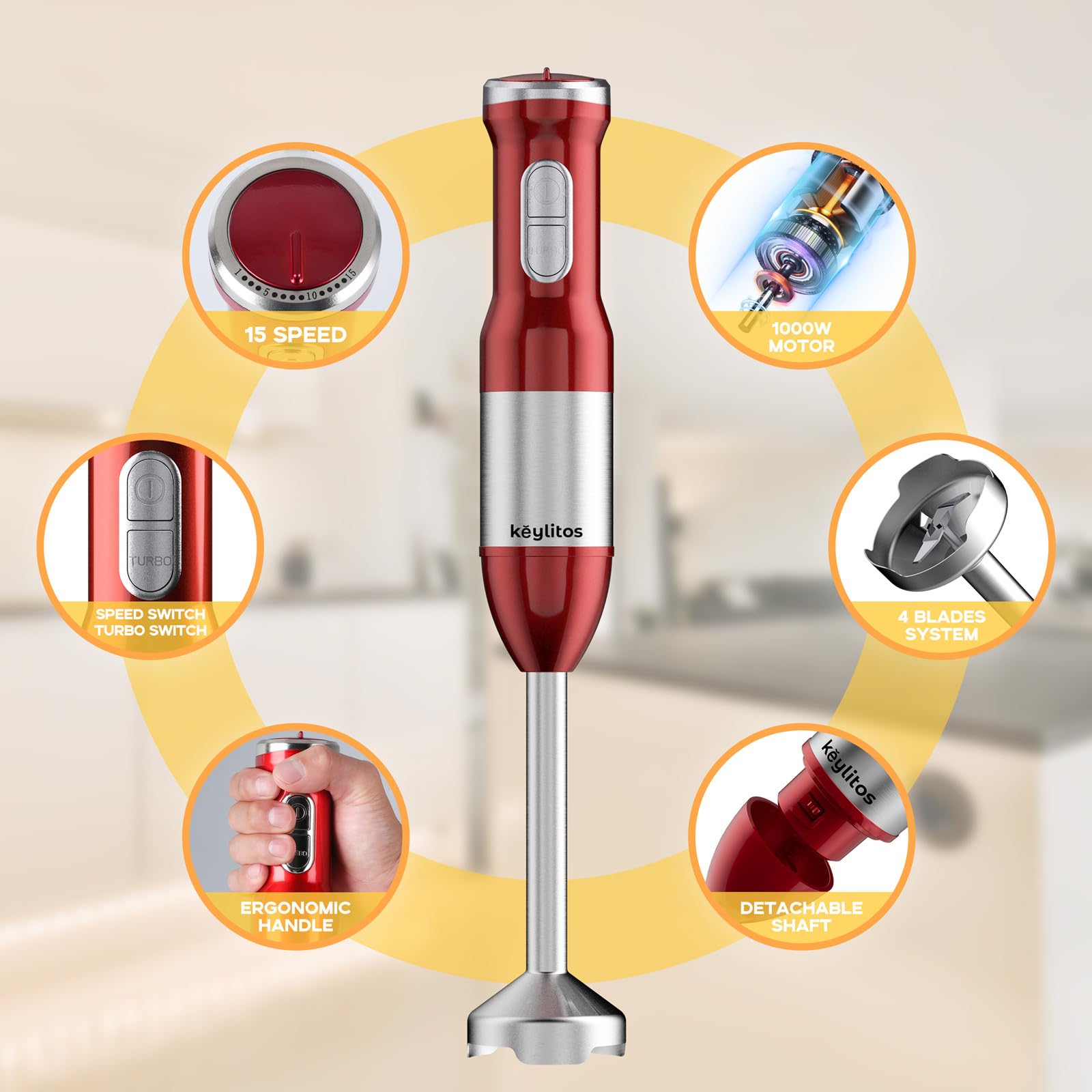 Keylitos 5-in-1 Immersion Hand Blender Mixer - 1000W Powerful Stick Blender with 600ML Food Chopper, 800ML Mixing Beaker, Whisk & Milk Frother - Perfect for Smoothies, Baby Food, Sauces, Purees & Soups - Ideal for Kitchen, Home Cooking & Meal Prep (Red)