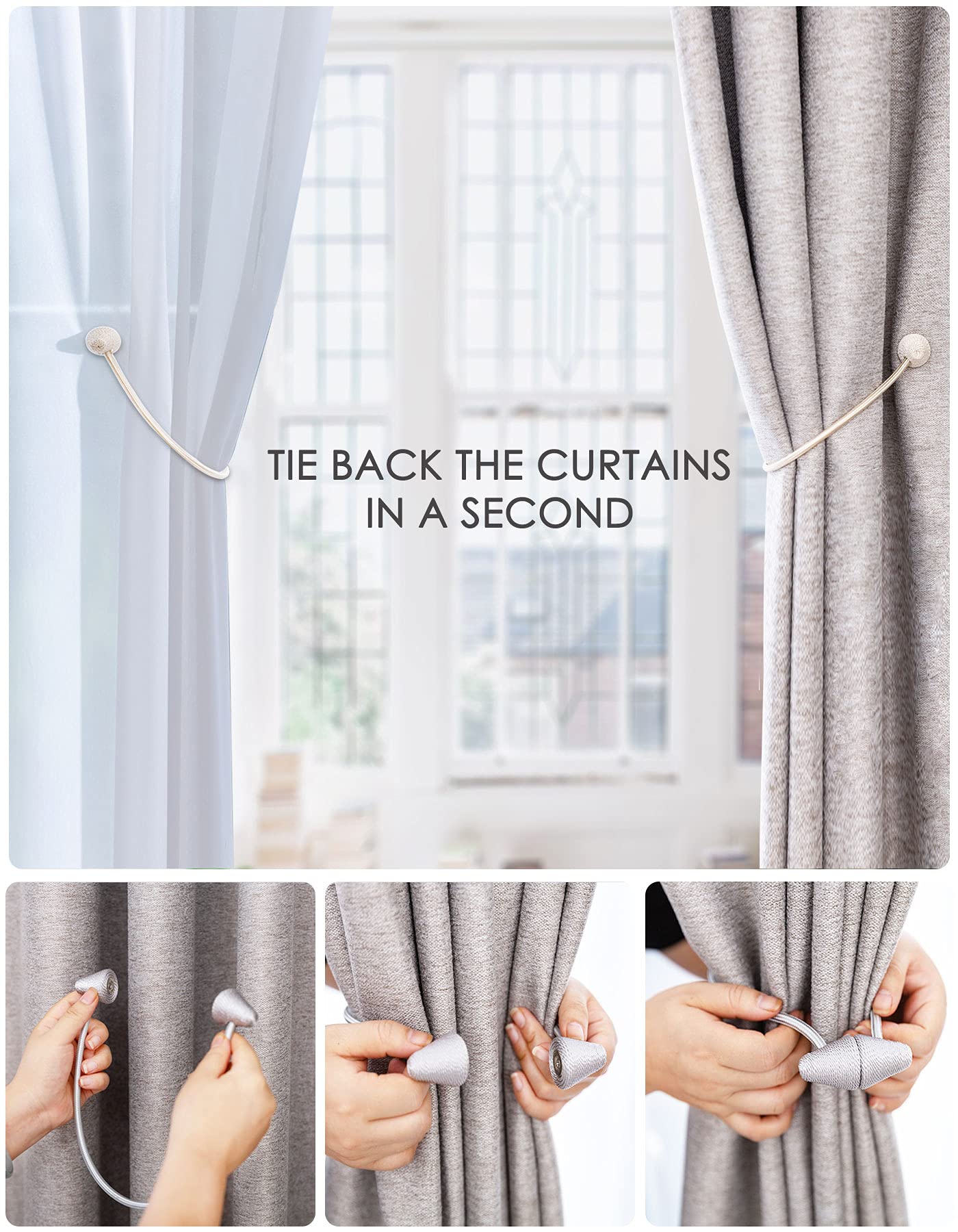 Upgraded Magnetic Curtain Tiebacks - 2 Pack 16 Inch Stronger Hold Drapery Holdbacks with Larger Magnets for Indoor & Outdoor Use (Gold) - Perfect for Living Room, Bedroom Windows and Patio Doors