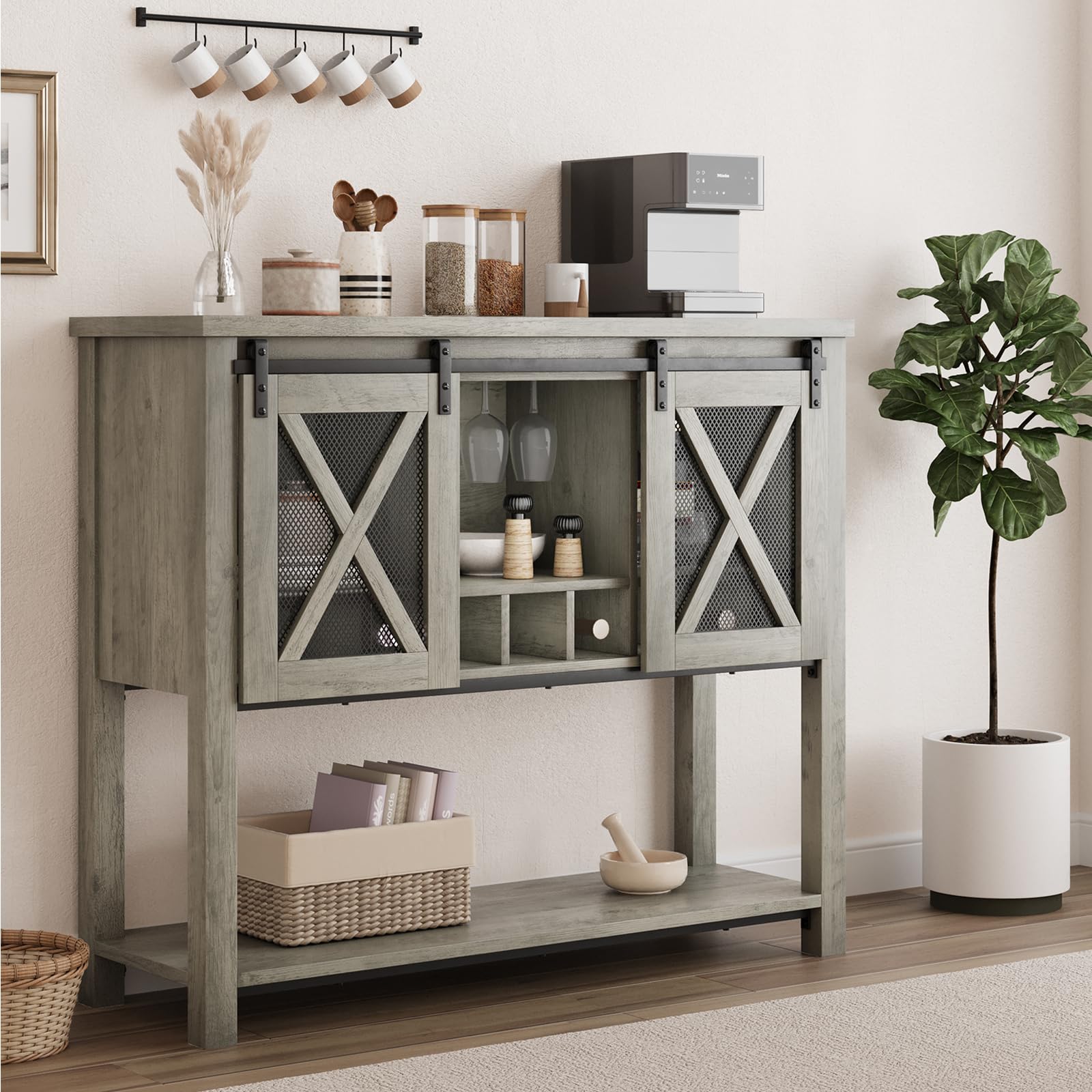 IDEALHOUSE Farmhouse Coffee Bar Cabinet with Wine Glass Rack & Storage - Sideboard Buffet for Kitchen, Dining & Living Room - Perfect for Entertaining & Home Bar Setup (Grey)