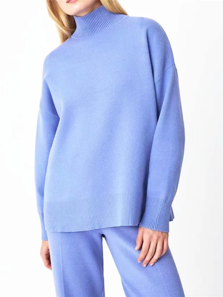 2024 Oversized Women's 2-Piece Knit Tracksuit Set - Half Turtleneck Sweater & Wide Leg Jogging Pants | Cozy Winter Outfit for Casual Wear, Lounge, and Street Style