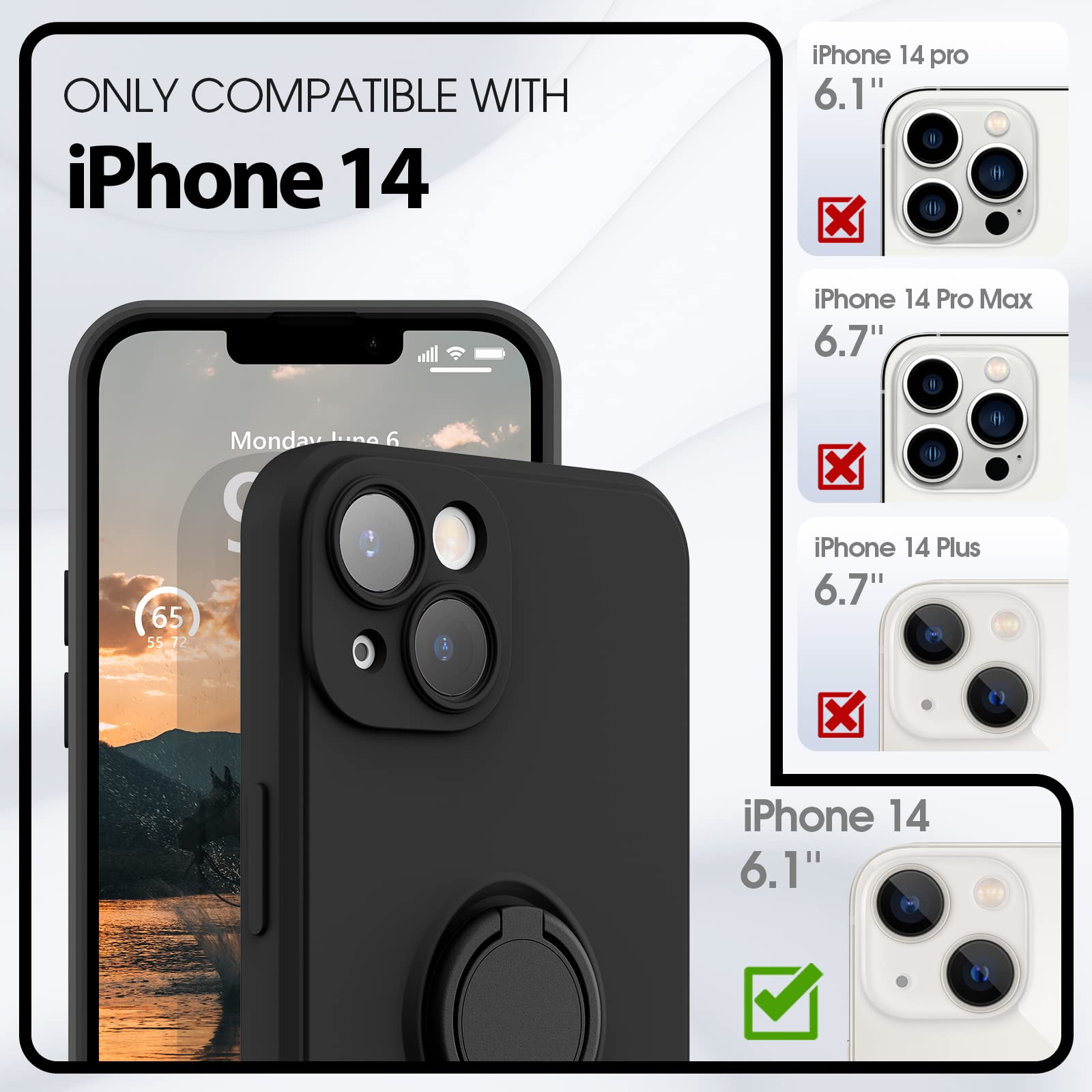 Premium Shockproof Silicone Phone Case for iPhone 14 with Screen Protector - 6.1 Inch Slim Protective Cover with Ring Holder Stand, Wrist Strap & Microfiber Lining (Black) | Perfect for Daily Use, Travel & Outdoor Activities