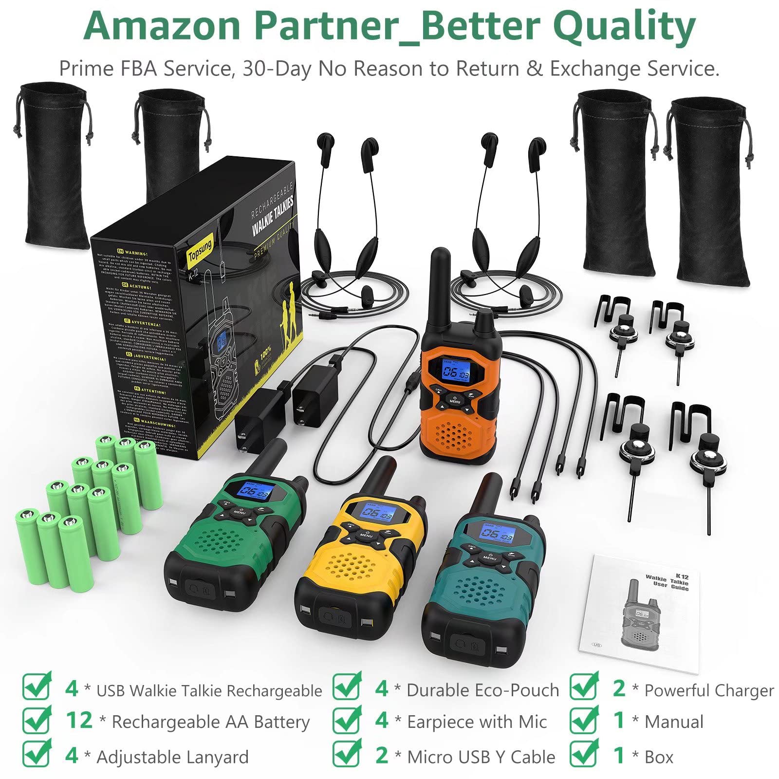 Long Range Rechargeable Two Way Radios for Adults - 4 Pack Walkie Talkies with NOAA Weather Alert, 4500mAh Battery & Earpiece - Perfect for Family Communication, Senior Care, Outdoor Adventures, Camping, Hiking and Cruise Trips