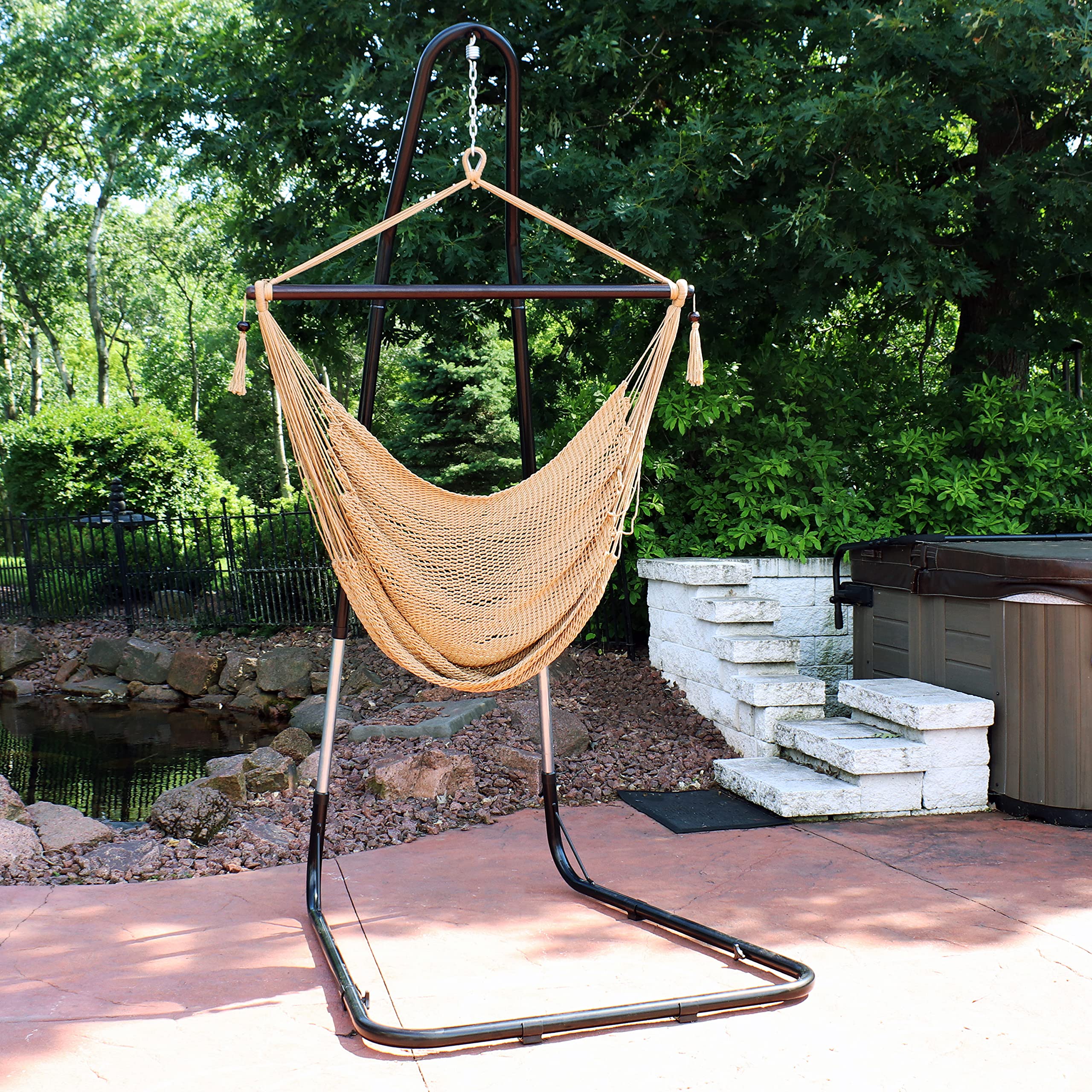 Sunnydaze Caribbean-Style Hanging Rope Hammock Chair with Adjustable Stand - 300 lb Weight Capacity - Tan - Perfect for Indoor & Outdoor Relaxation in Backyard, Patio, or Balcony