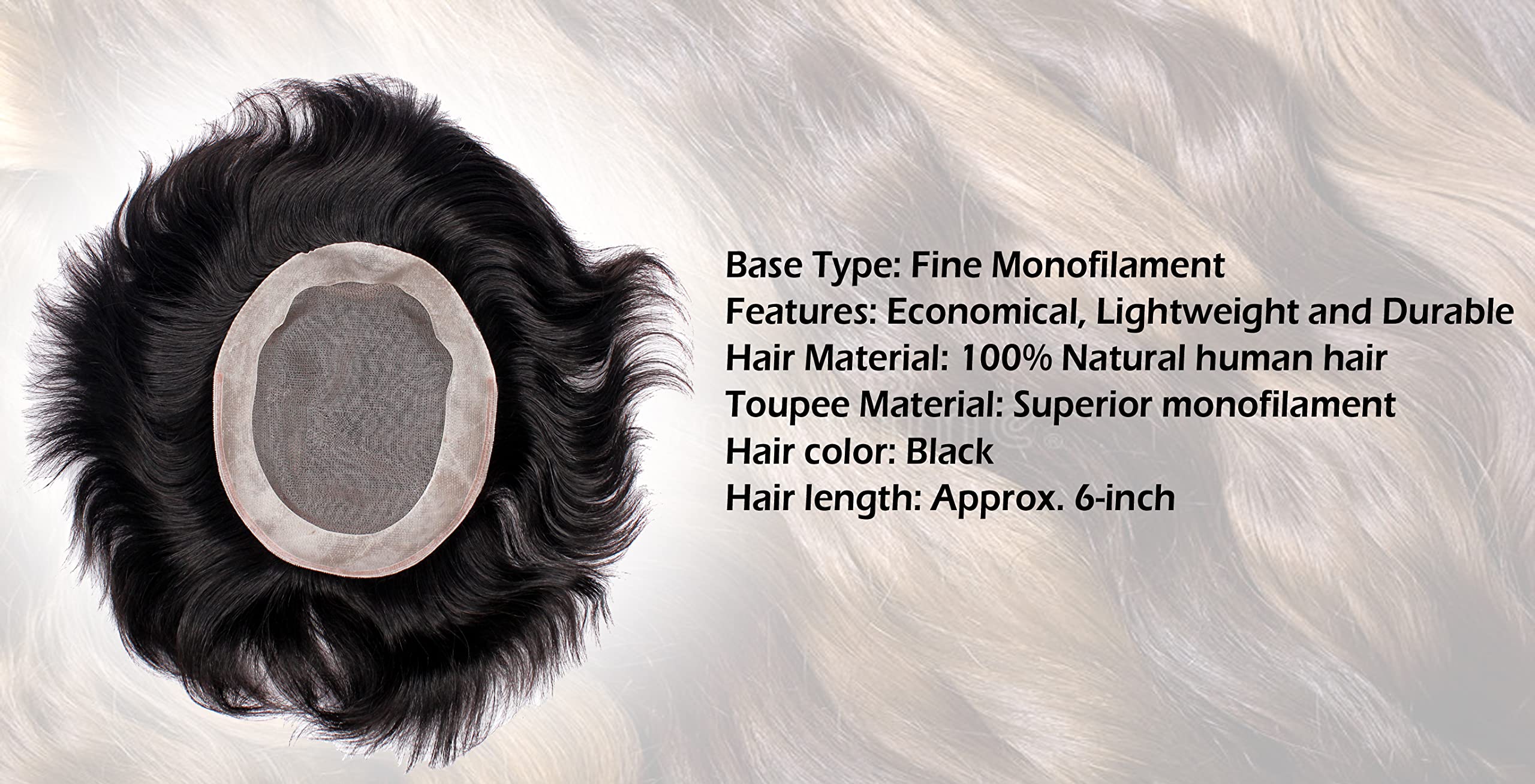 Majik USA Monofilament Hair Patch for Men - Natural Black 8X6 Toupee with Hair Brush, 4 Clips & 1 Tape | Realistic Hair Replacement System for Thinning Hair | Perfect for Daily Wear, Special Occasions & Confidence Boosting
