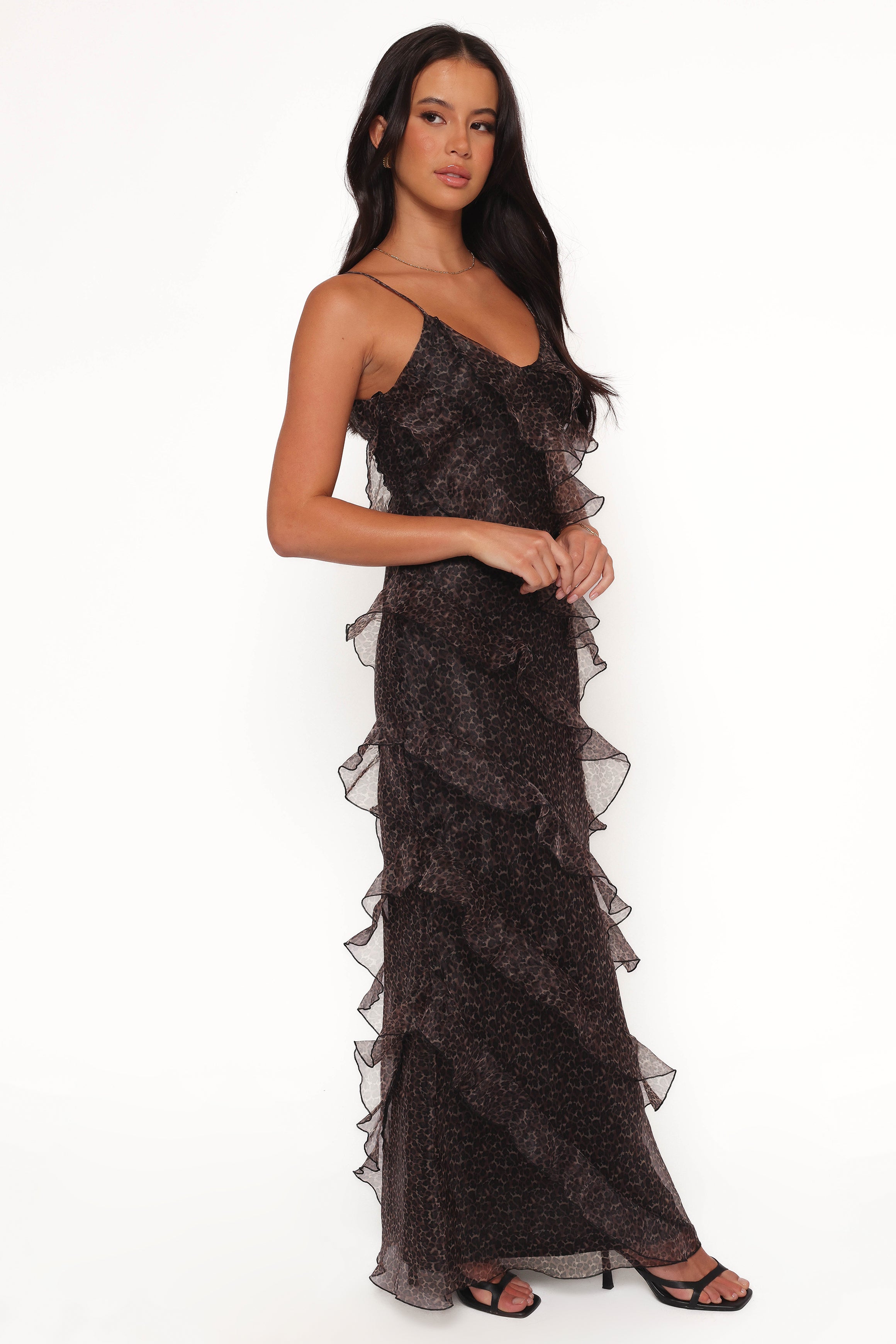 Ciao Ruffles Maxi Dress - Black Leopard Print Women's Long Dress for Casual Wear, Beach Vacation & Evening Parties