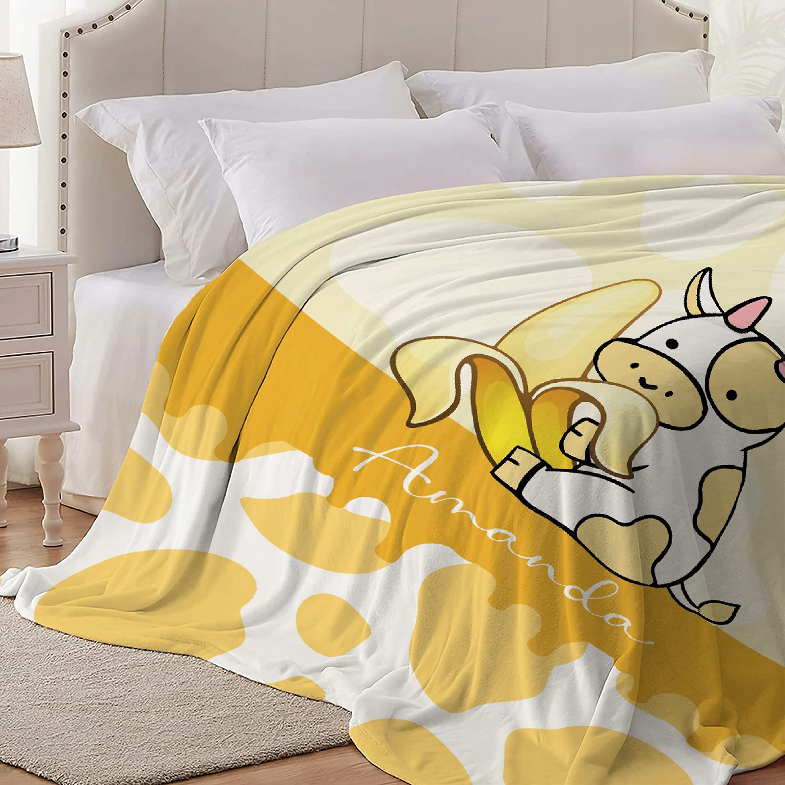 Personalized Baby Blanket with Name - Custom Banana Cow Fleece Throw Blanket for Girls, Boys, Kids | Extra Large 120