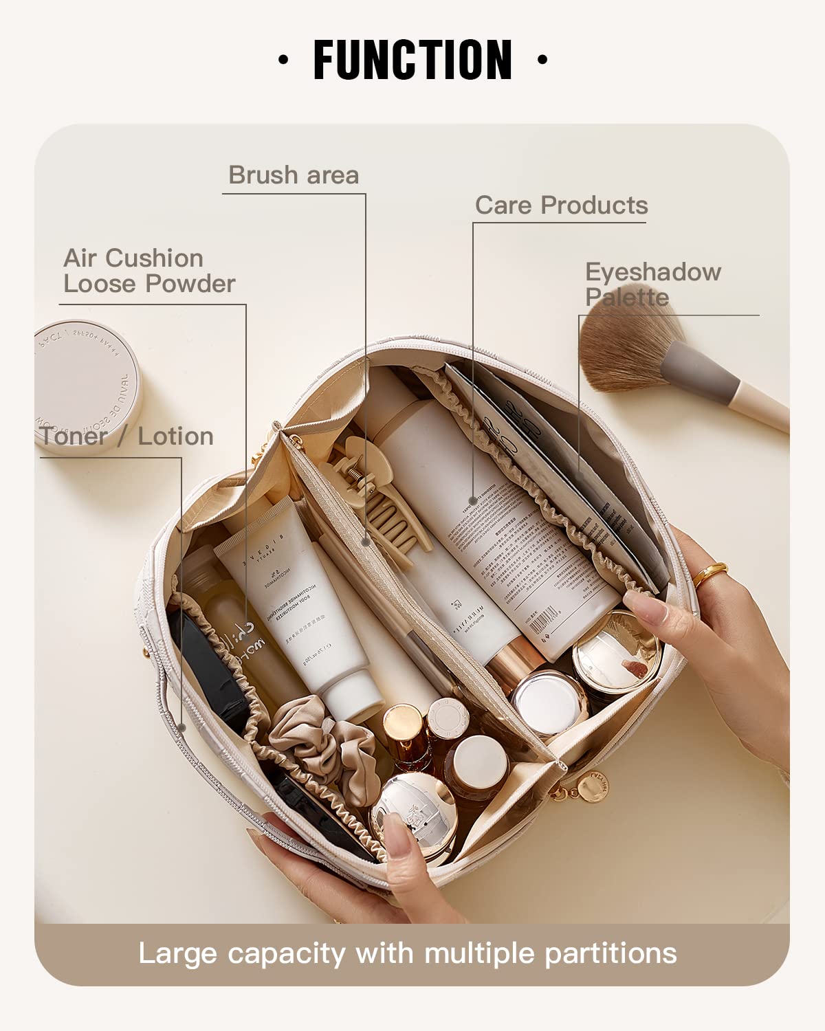 EACHY Large Waterproof Travel Makeup Bag for Women - Portable Cosmetic Organizer with Divider & Handle, Open Flat Toiletry Pouch - Perfect for Air Travel, Gym, Beach & Daily Essentials Storage