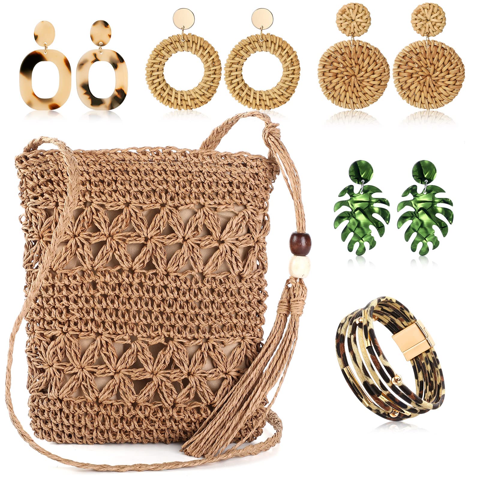 Boho Straw Shoulder Bag for Women - Crossbody Beach Purse Set with 4 Rattan Tropical Earrings & Leopard Bracelet - Perfect for Vacation, Summer Outings, and Boho Fashion Accessories