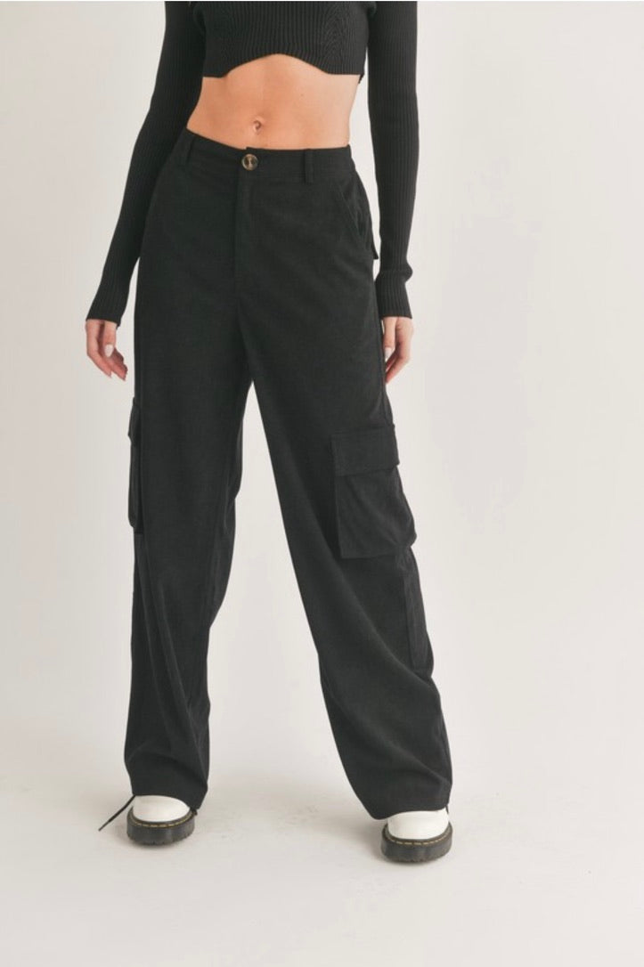 Men's Black Corduroy Cargo Pants - Comfortable Stretch Fit for Outdoor Hiking & Casual Streetwear
