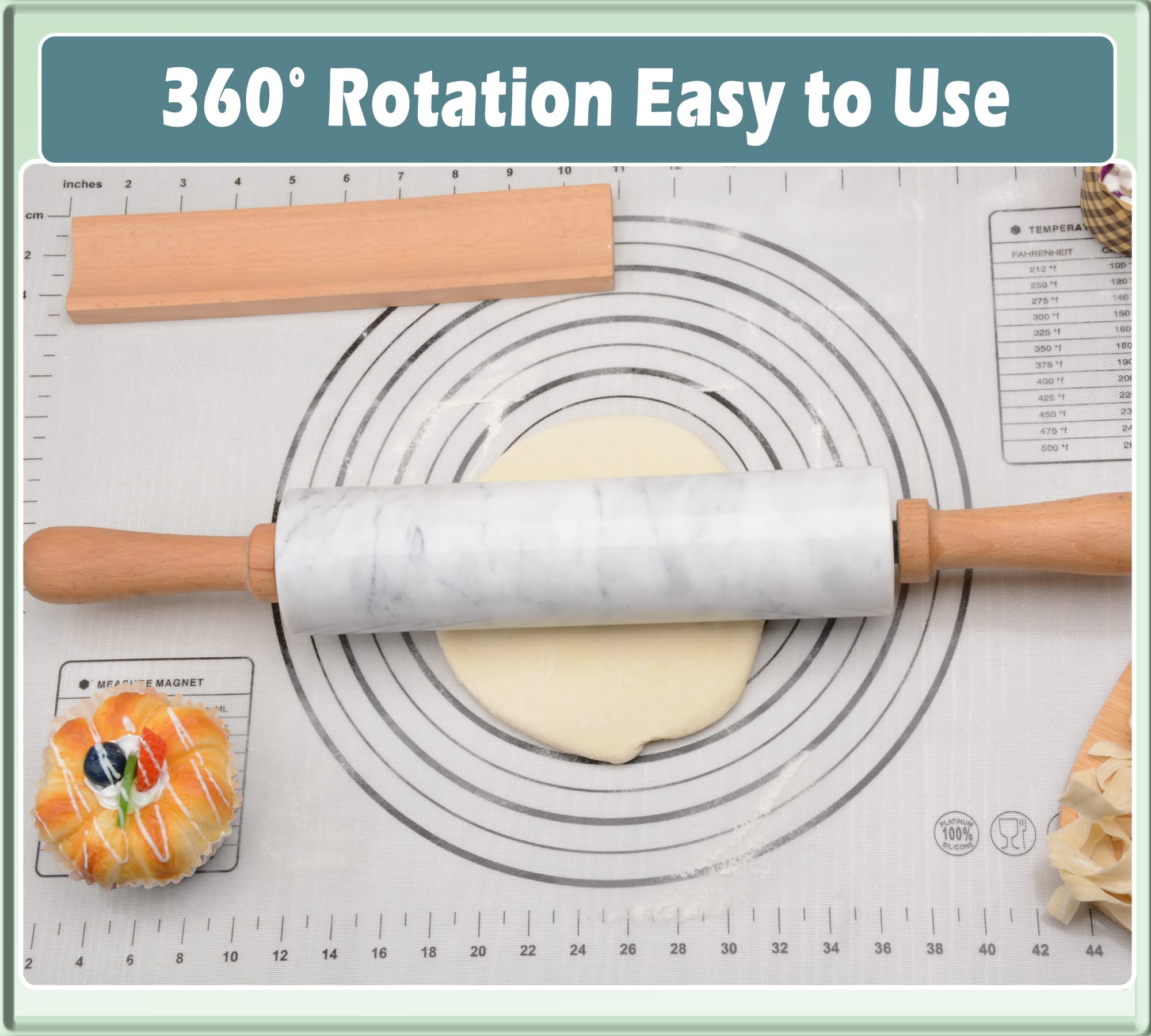 Premium 18.5 Inch White Marble Rolling Pin with Wooden Cradle - Thick Handle Baking Roller for Pizza Dough, Fondant, Pie Crust - Non-Stick Surface & Easy to Clean - Perfect for Home Baking, Pastry Making & Cookie Decorating