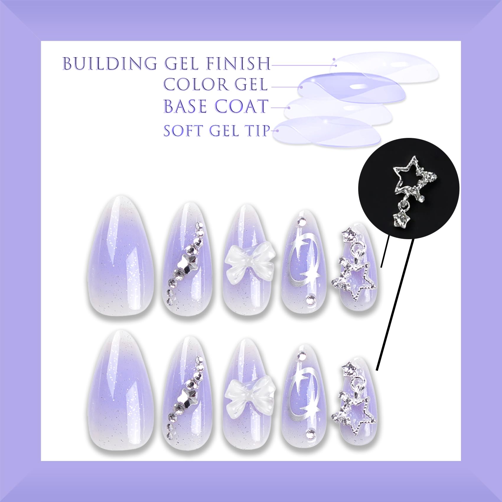 Purple Press on Nails - Almond Fake Nails with Glitter Rhinestones & 3D White Bow Design | Y2K Silver Chrome Nails for Women | Perfect for Parties, Weddings, and Special Occasions