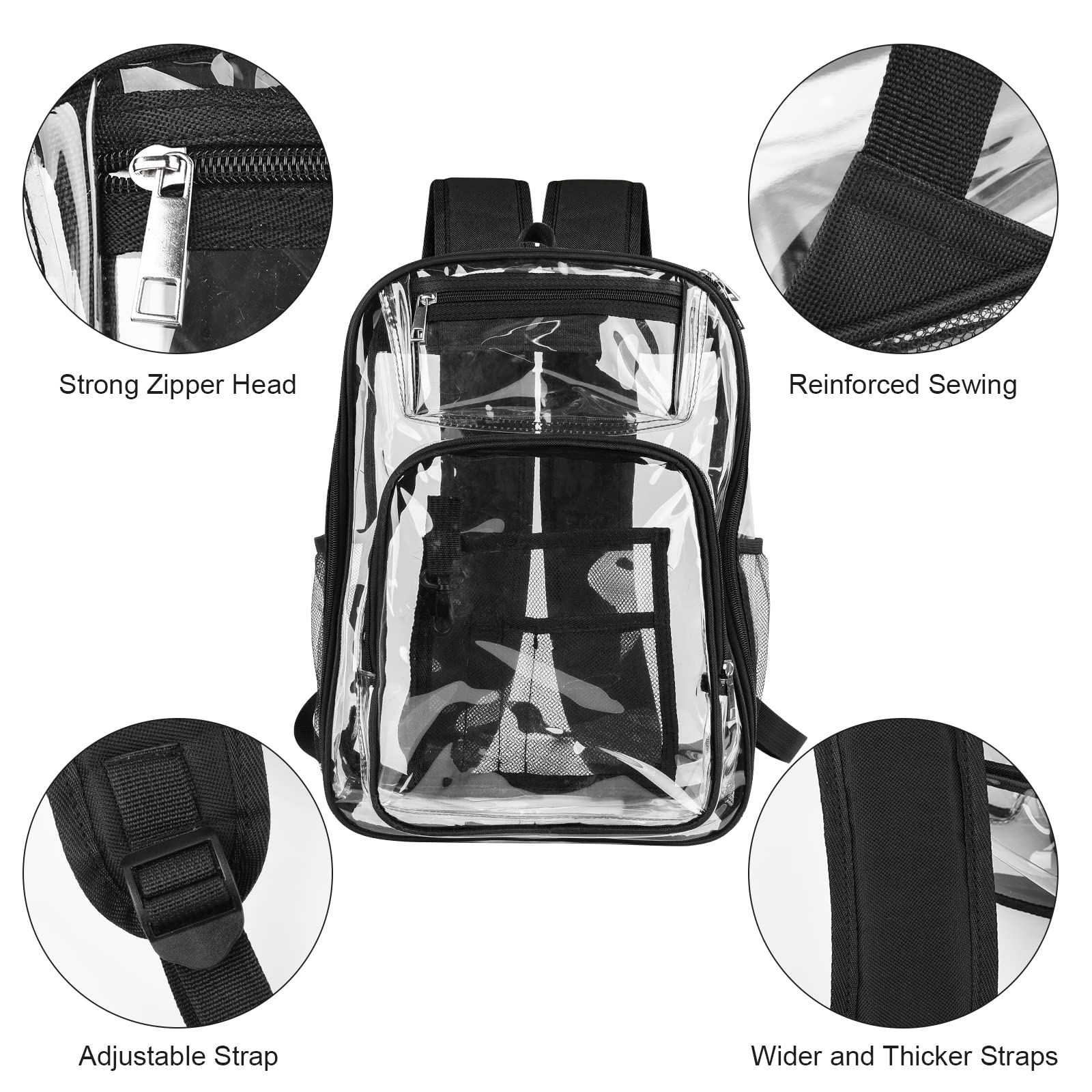 AnSun Clear PVC Backpack - Large Heavy Duty Transparent Bookbag for School, Work, Travel & Sports - Reinforced Shoulder Straps for Kids & Adults - Ideal for Airport Security, Concerts & Stadium Events (Carbon Black)