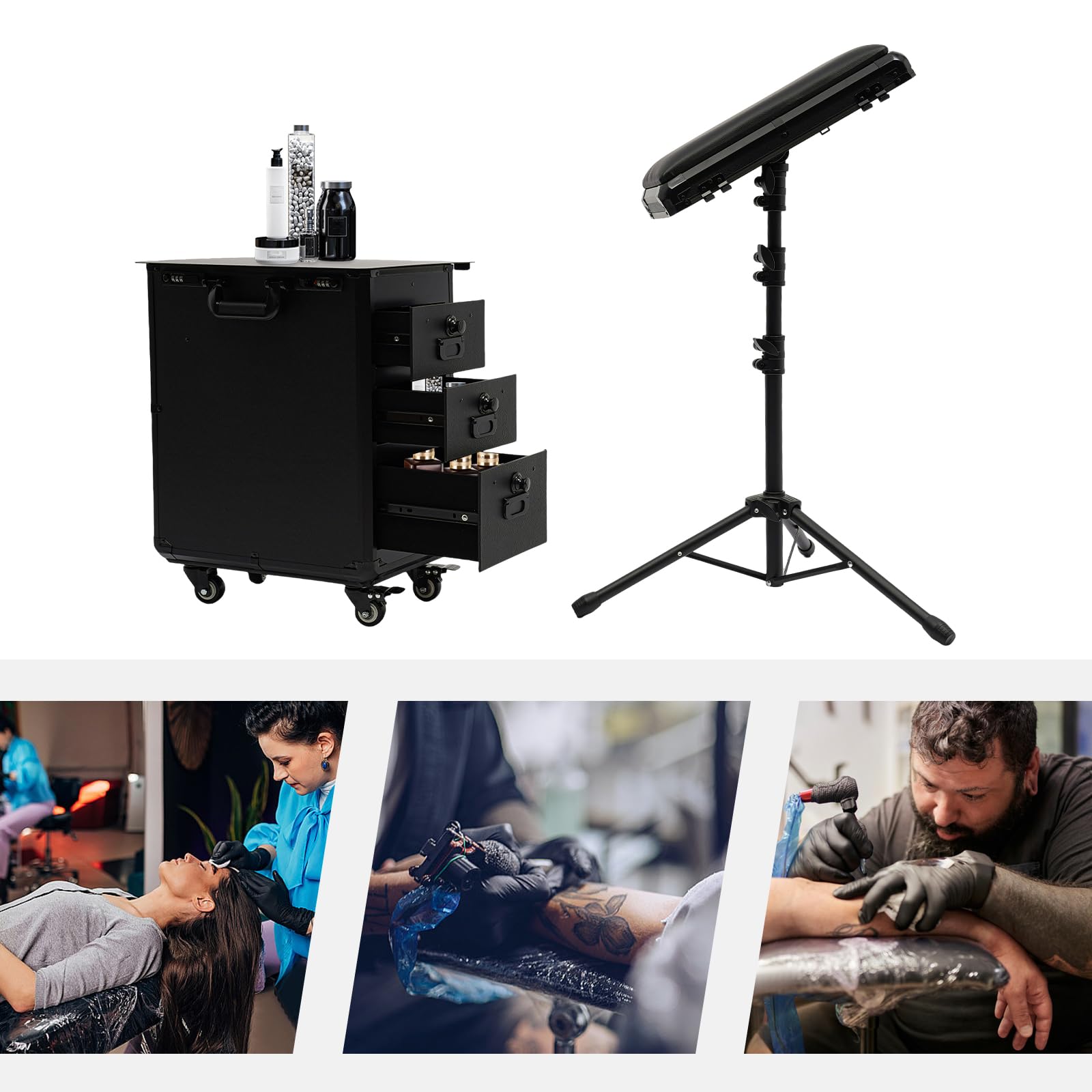 Professional Rolling Makeup Case with Tattoo Armrest Stand - 4 Universal Wheels & Combination Lock - Portable Cosmetic Organizer for Makeup Artists (Metal Panel) | Ideal for Salon, Tattoo Studio & Mobile Beauty Services