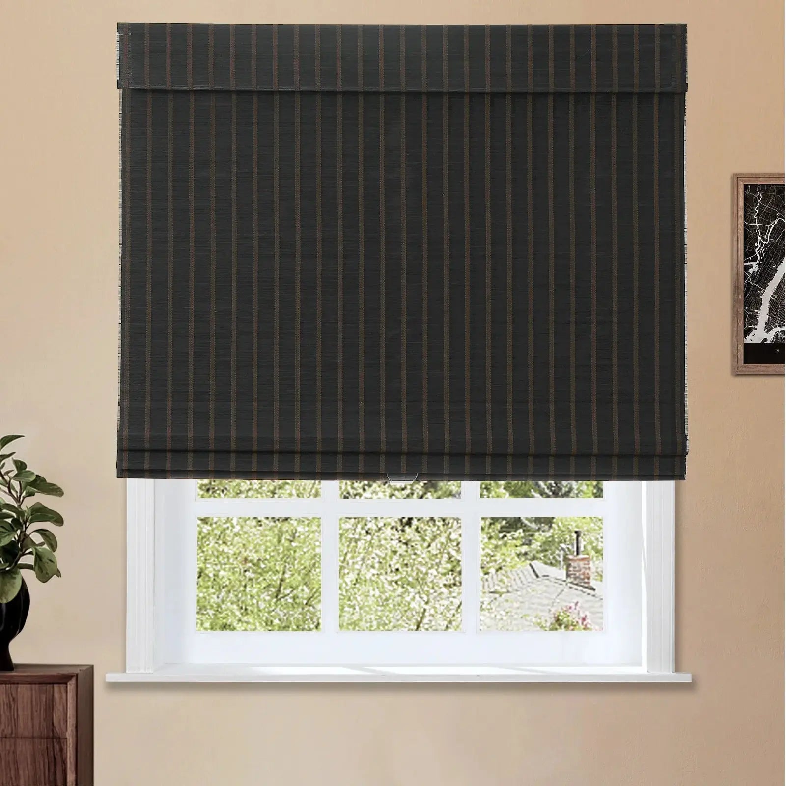 Sybil Bamboo Roman Shade - Black Coffee Window Treatment for Living Room & Bedroom | Eco-Friendly Natural Wood Blinds for Home Decor