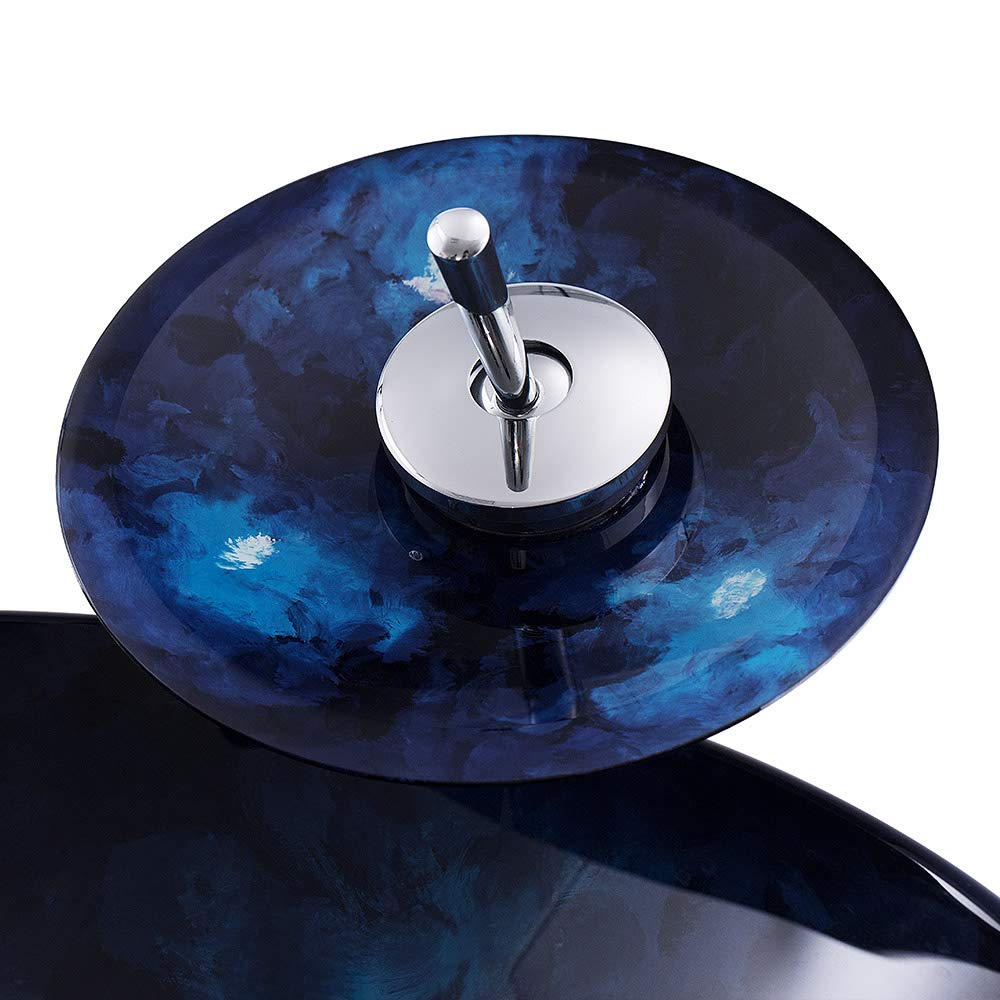 Modern Navy Blue Tempered Glass Vessel Sink - Round Bathroom Vanity Sink for Countertop Installation with Pop-Up Drain - Artistic Waterfall Faucet Compatible - Perfect for Contemporary Bathroom & Powder Room Decor