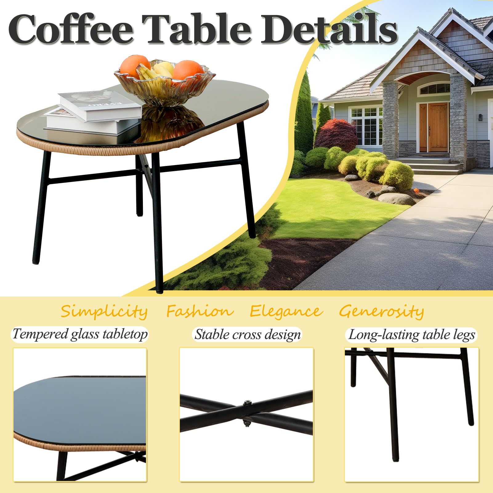 Homsido 4-Piece Boho Patio Furniture Set - Outdoor Wicker Chairs with Washable White Cushions & Glass Coffee Table - Perfect for Balcony, Garden, or Backyard Relaxation