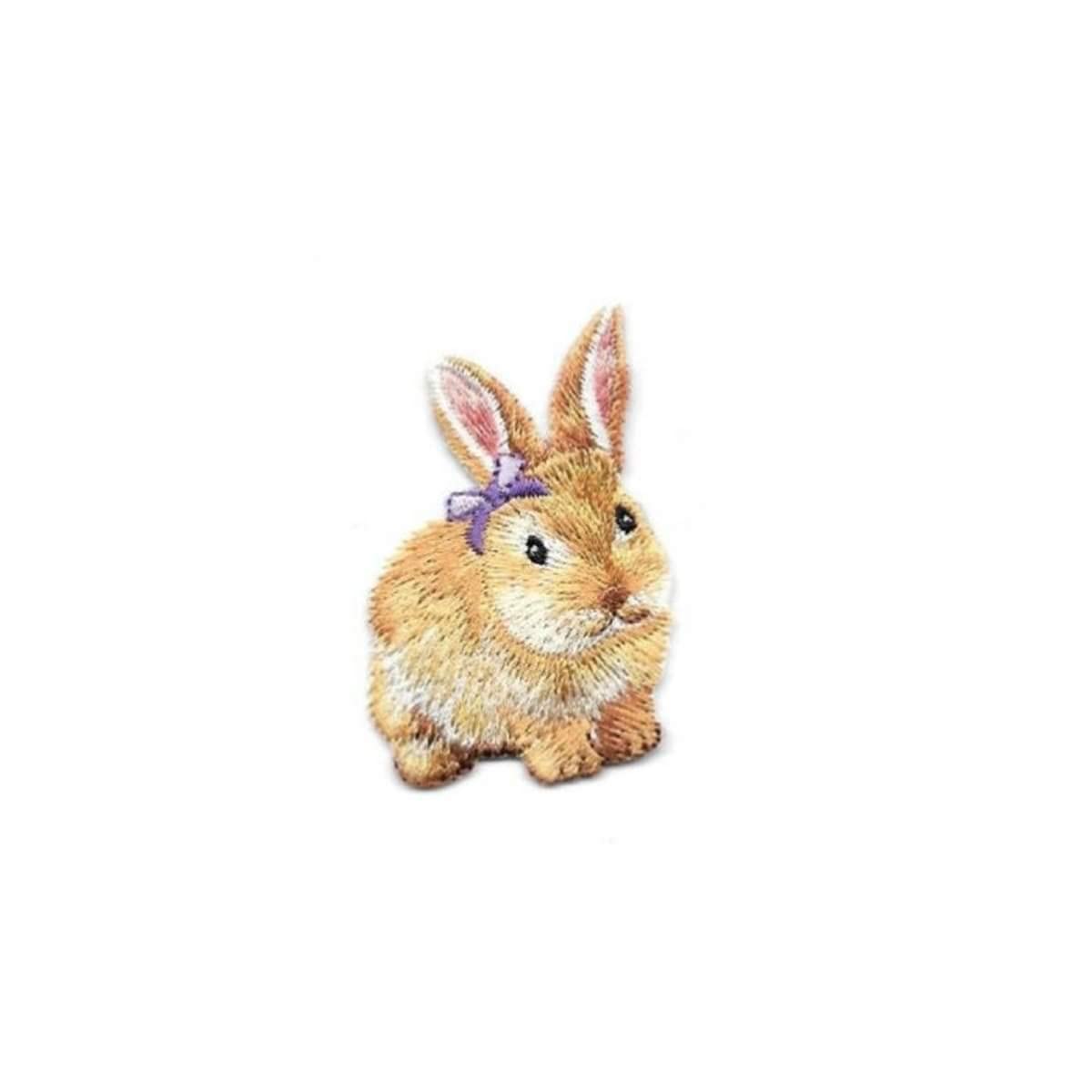 Bunny Rabbit Embroidered Iron On Applique Patch with Purple Bow - Easter DIY Craft Supplies for Clothing, Hats & Bags Decoration
