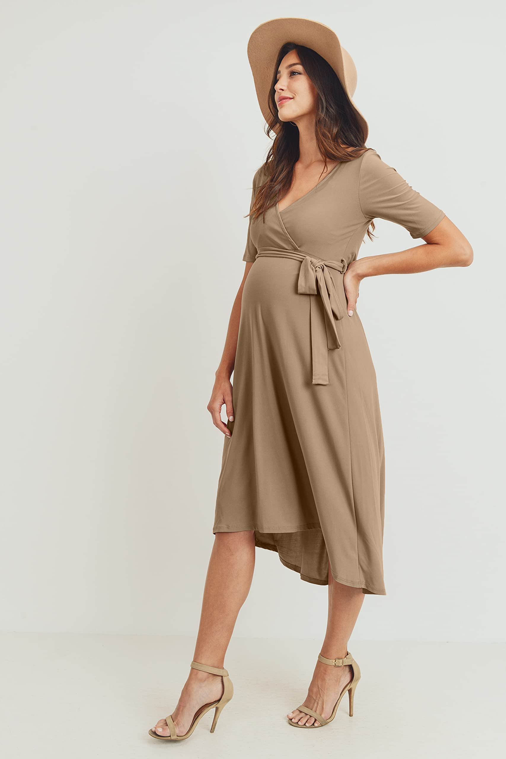 Maternity Wrap Dress for Women - Midi Length with Adjustable Waist Belt | Flattering Pregnancy Outfit for Work, Baby Shower & Special Occasions