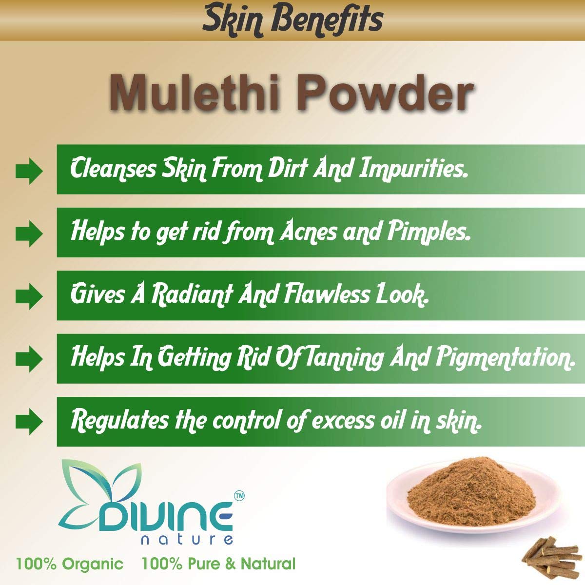 Divine Nature Pure Natural Mulethi Powder (Licorice Root Powder) - 100g | For Skin Whitening, Face Glow, Hair Growth & Body Care | Ayurvedic Yashimadhu Powder for Brightening, Acne Treatment & Healthy Scalp | Perfect for DIY Beauty Masks, Herbal Remedies & Holistic Wellness