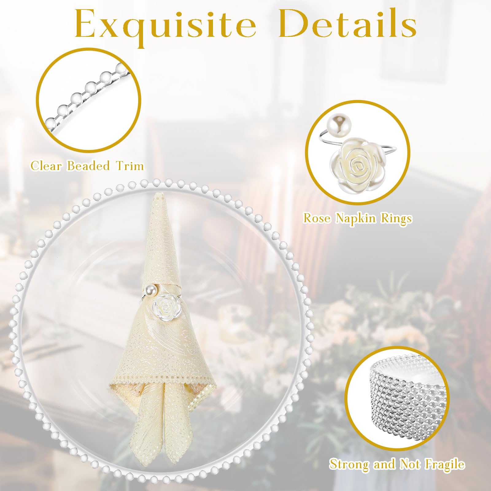 50-Pack Clear Plastic Charger Plates with Napkin Rings - 13 Inch Beaded Round Dinner Plates for Wedding, Party & Event Decorations (Silver) | Elegant Table Setting for Formal Dinners, Bridal Showers & Holiday Celebrations