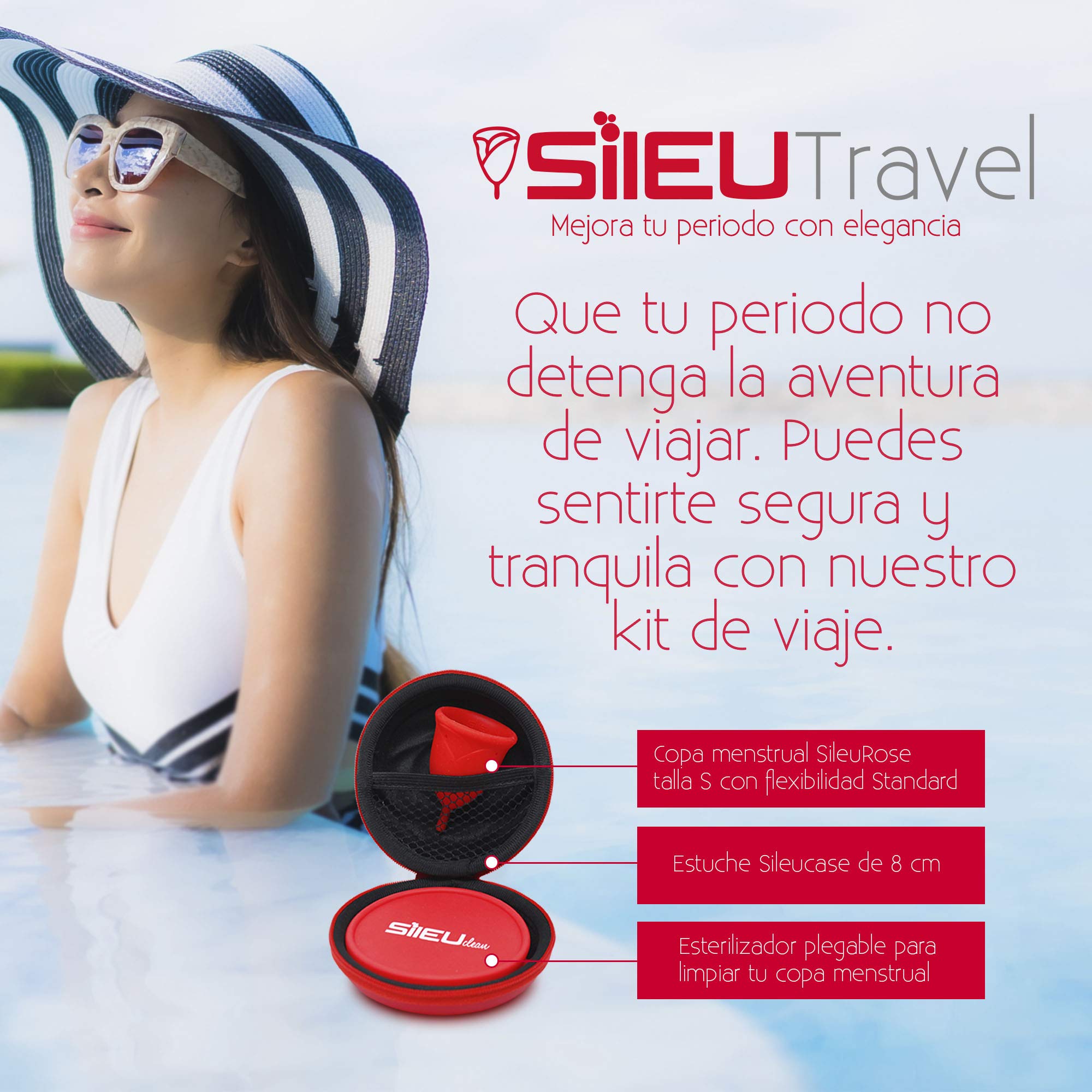 Sileu Travel Menstrual Cup - Rose Starter Kit Size XS (Red) with Flexible Standard Cup, Flower Case & Foldable Sterilizer | Perfect for Active Women, Travel & Eco-Friendly Period Care