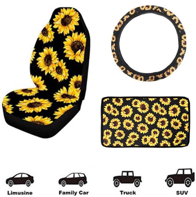 10PCS Sunflower Car Wheel Covers, 2PCS Sunflower Seat Covers, Sunflower Center Console Pad & Cup Coasters - Vibrant Sunflower-Themed Car Accessories Set with Keyring & Vent Clip - Perfect Gift for Women Who Love Floral Car Decor