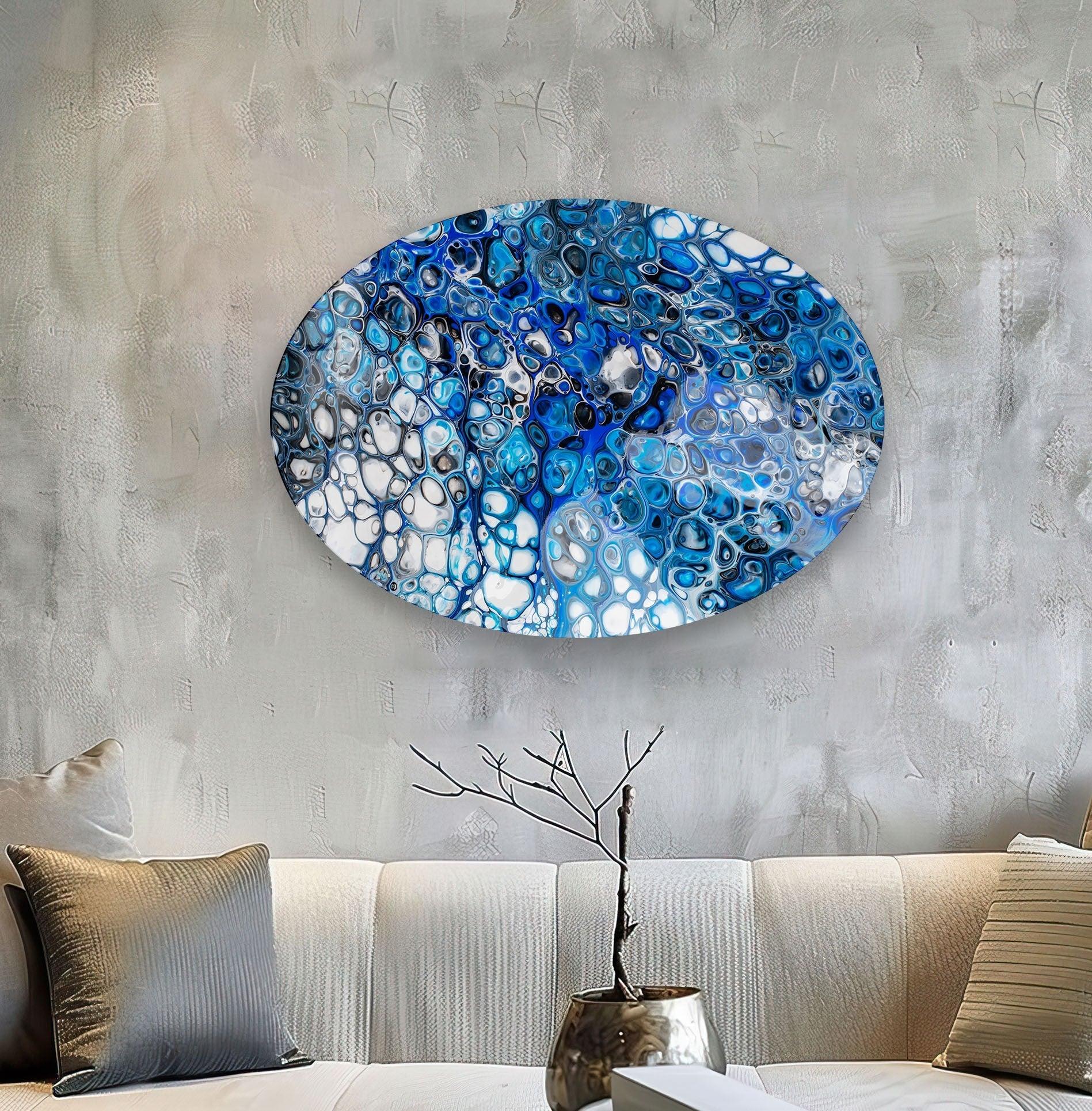 Asymmetrical Oval Stained Navy Blue Glass Wall Art - Handmade Modern Home Decor for Living Room, Bedroom & Office - Unique Abstract Glass Wall Hanging for Contemporary Interior Design