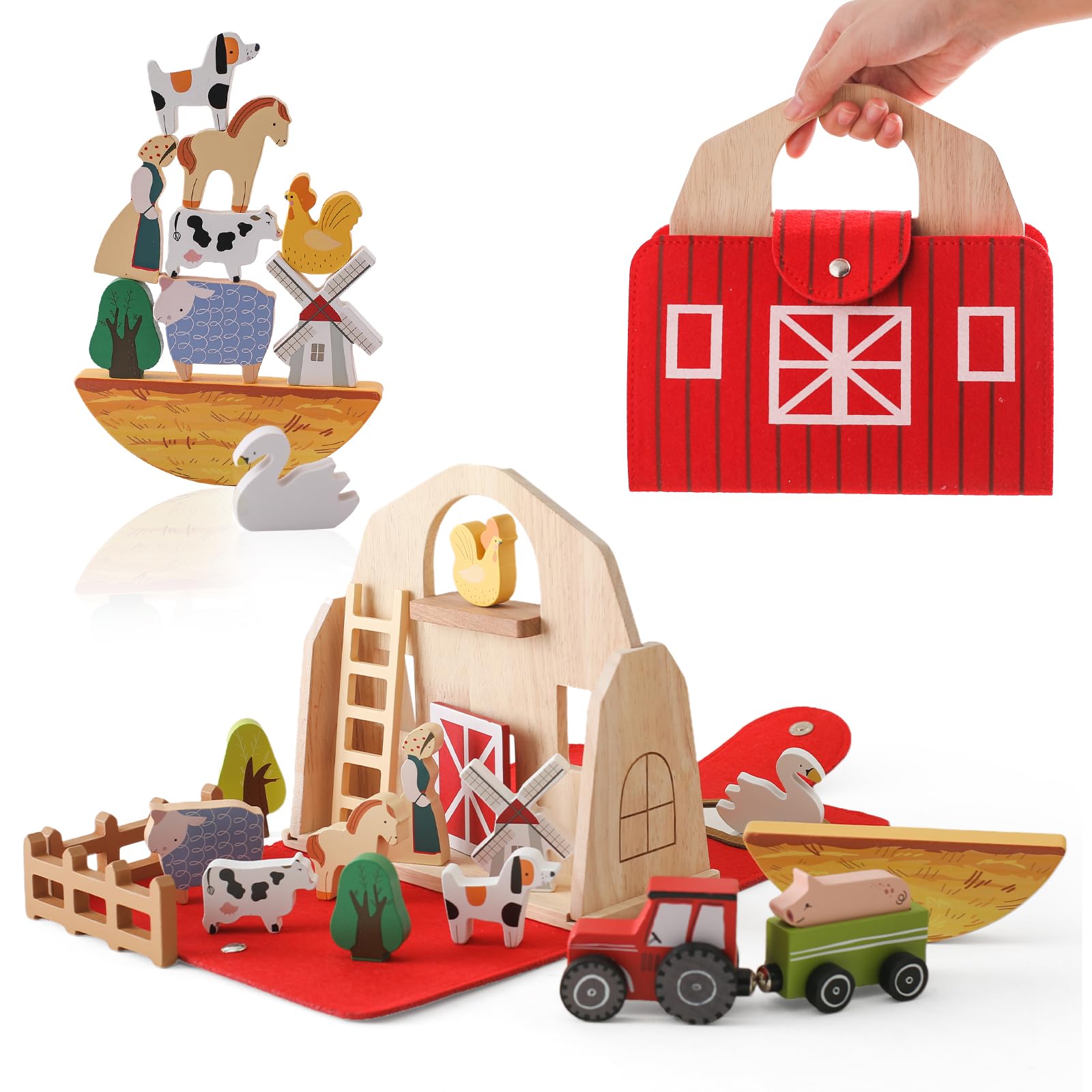Wooden Barn Farm Animal Toys for Kids Ages 3-5 | Montessori Learning Toys with Red Barn | Portable Playset for Toddlers | Perfect Birthday Gift for Boys & Girls | Farm-Themed Pretend Play for Preschool Education