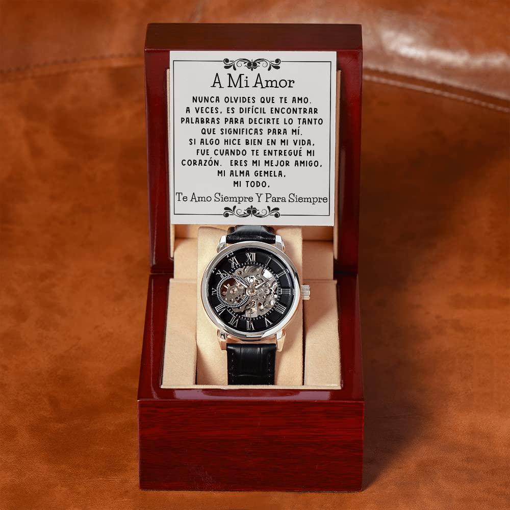 Automatic Skeleton Watch for Men - Romantic 'A Mi Amor' Spanish Gift for Him - Perfect Father's Day Present - Stylish Mechanical Watch for Daily Wear & Special Occasions