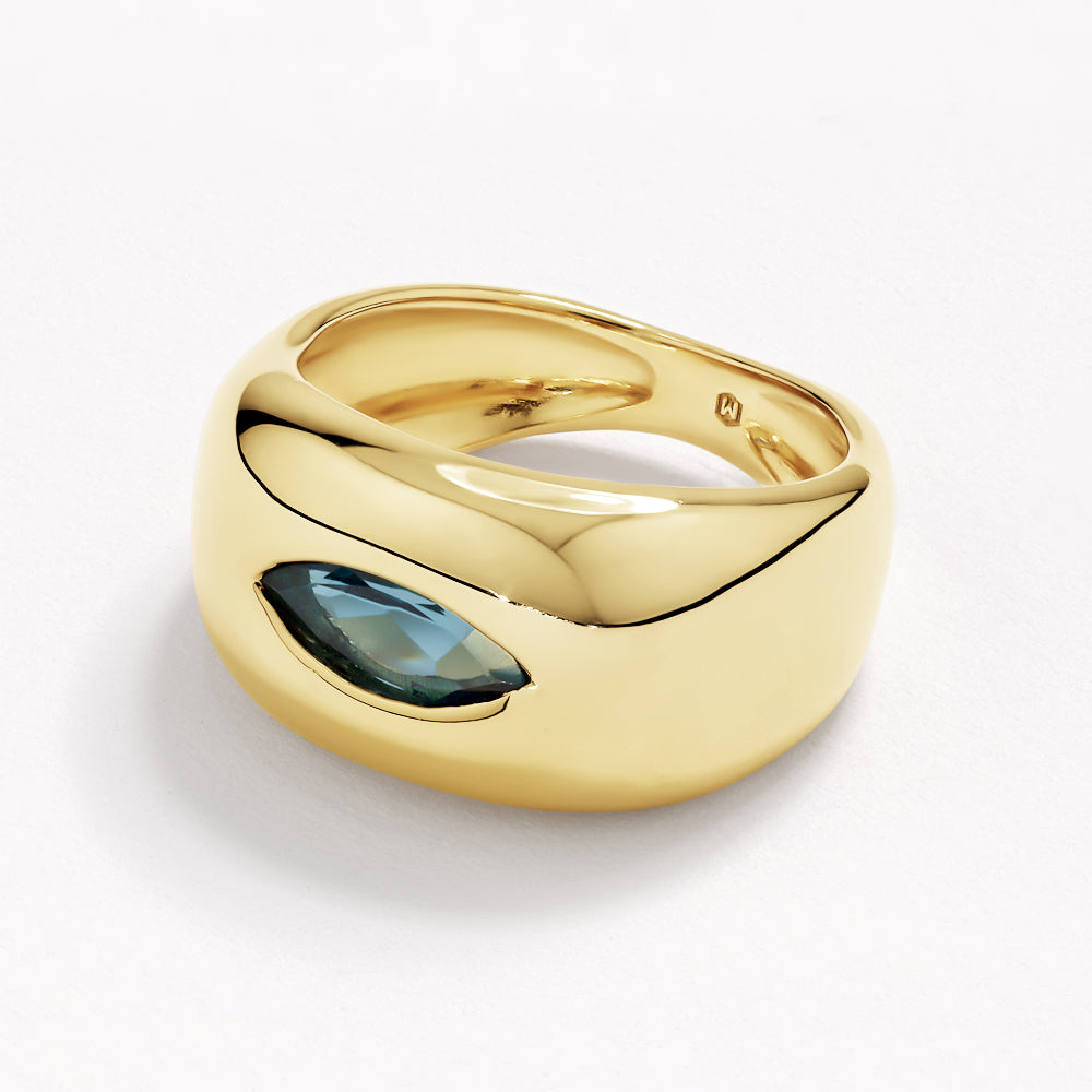 Exquisite 14K Gold Blue Topaz Marquise Pinky Ring for Women – Elegant Statement Jewelry for Parties, Weddings & Special Occasions