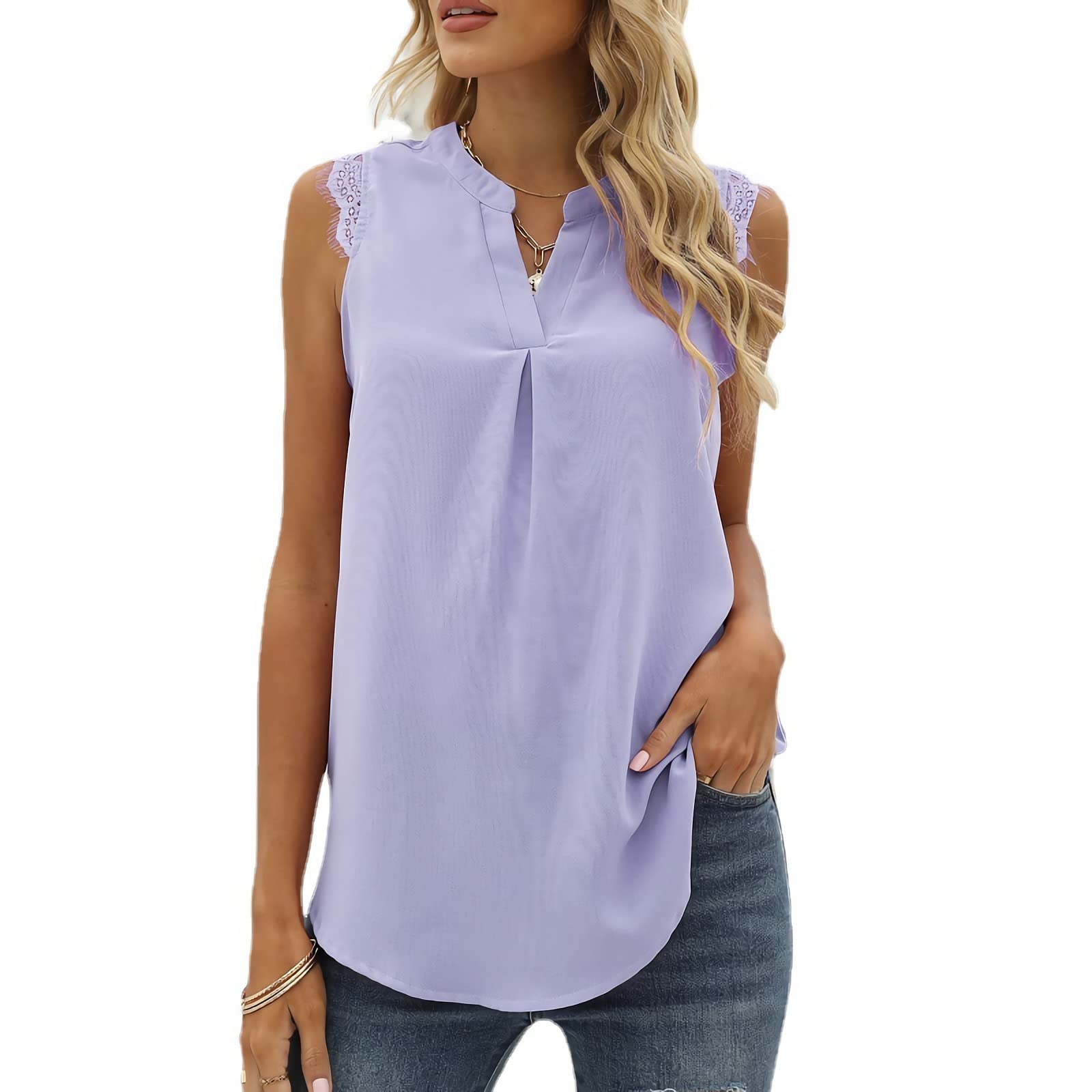 Women's V-Neck Lace Tank Top - Summer Casual Sleeveless Blouse - Solid Color Shirts for Women - Perfect for Beach, Party & Daily Wear
