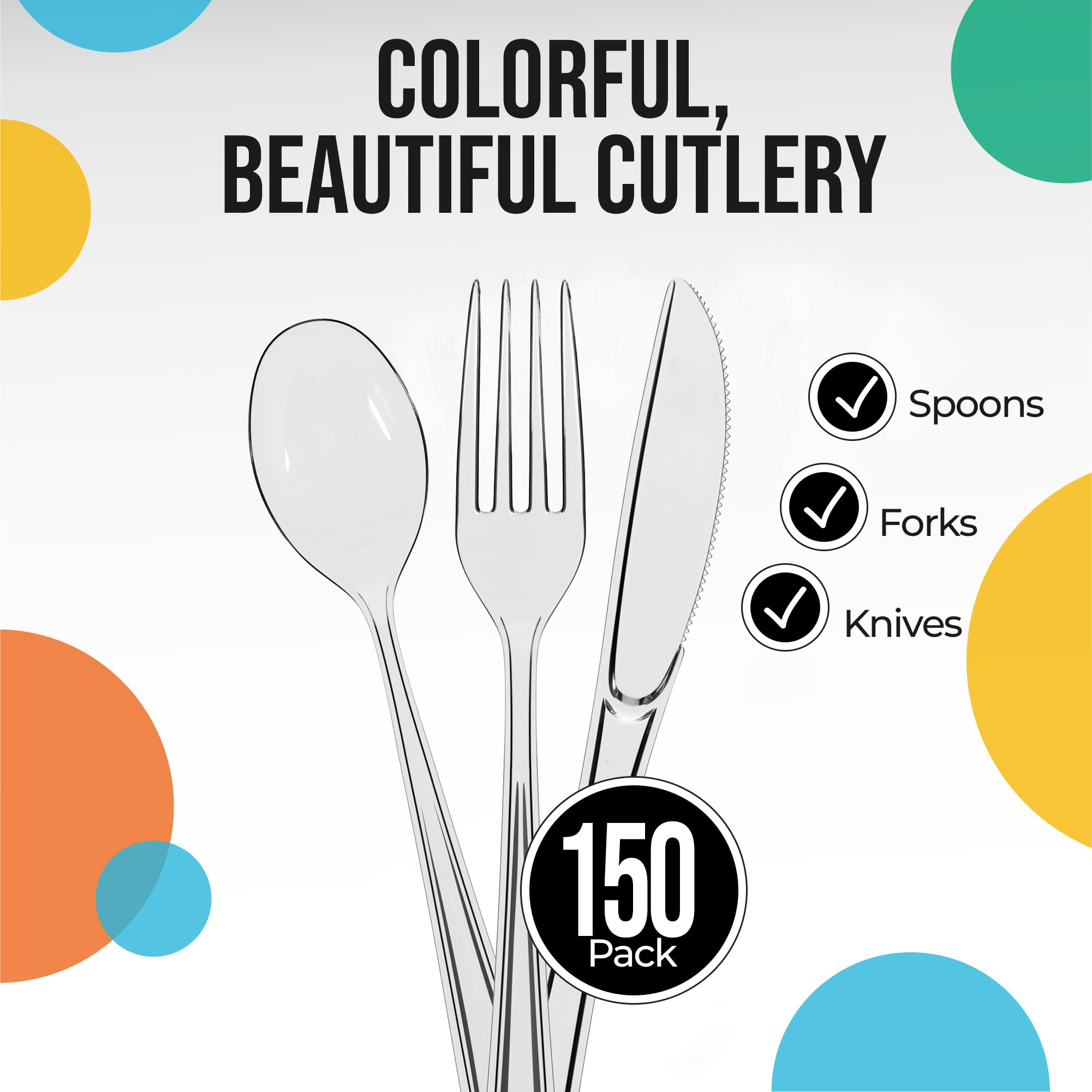 150-Piece Heavy Duty Clear Plastic Cutlery Set - Disposable Forks, Knives & Spoons (50 Each) - Durable Party Flatware for Weddings, Picnics & Catering Events