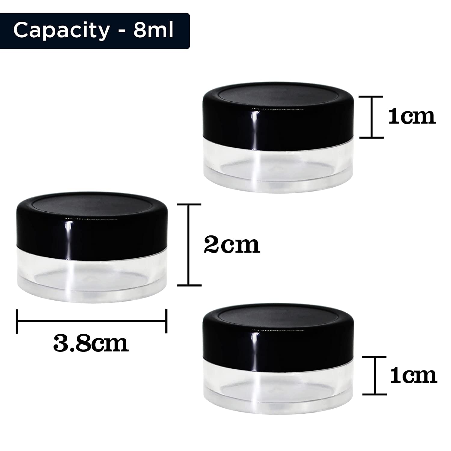 BH PLAST 8 Gram Empty Acrylic Sanitary Jar - Clear Cosmetic Containers with Black Lid & Inner Lids for Lip Balm, Eyeshadow, Makeup & DIY Beauty Products (3-Pack) - Perfect for Home Organizers, Salon Storage & Travel Beauty Kits