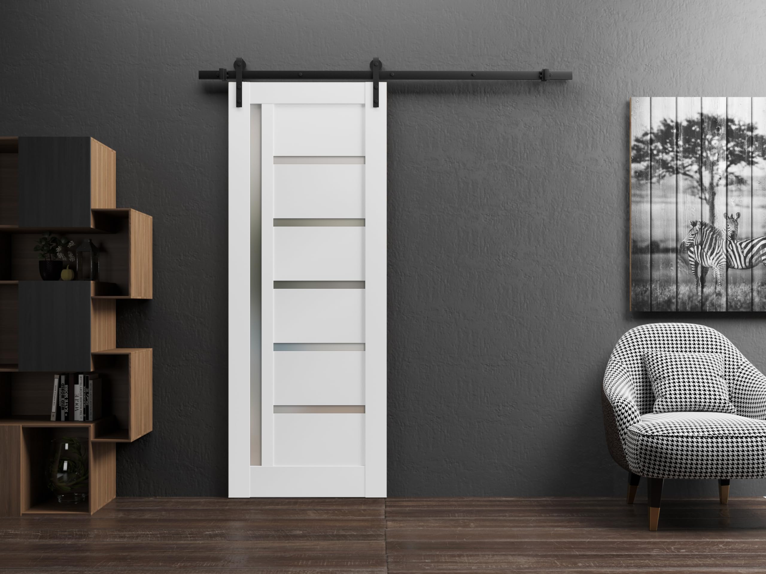 SARTODOORS 32x84 Inch Sliding Barn Door with Hardware Kit - Quadro 4088 White Silk Frosted Glass - Top Mount 6.6FT Rail Hangers - Lightweight Solid Wood Panel Interior Door for Bedroom, Closet, or Office Partition