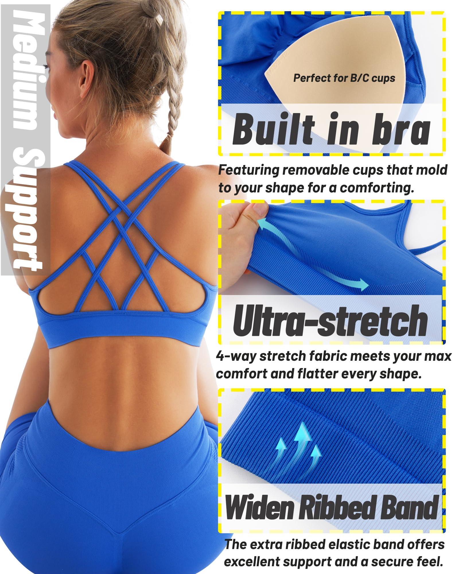 RUNNING GIRL Women's Criss Cross Back Sports Bras 3-Pack - Seamless Padded Yoga Bra with Removable Cups - Sexy Strappy Workout Top for Running, Gym & Yoga