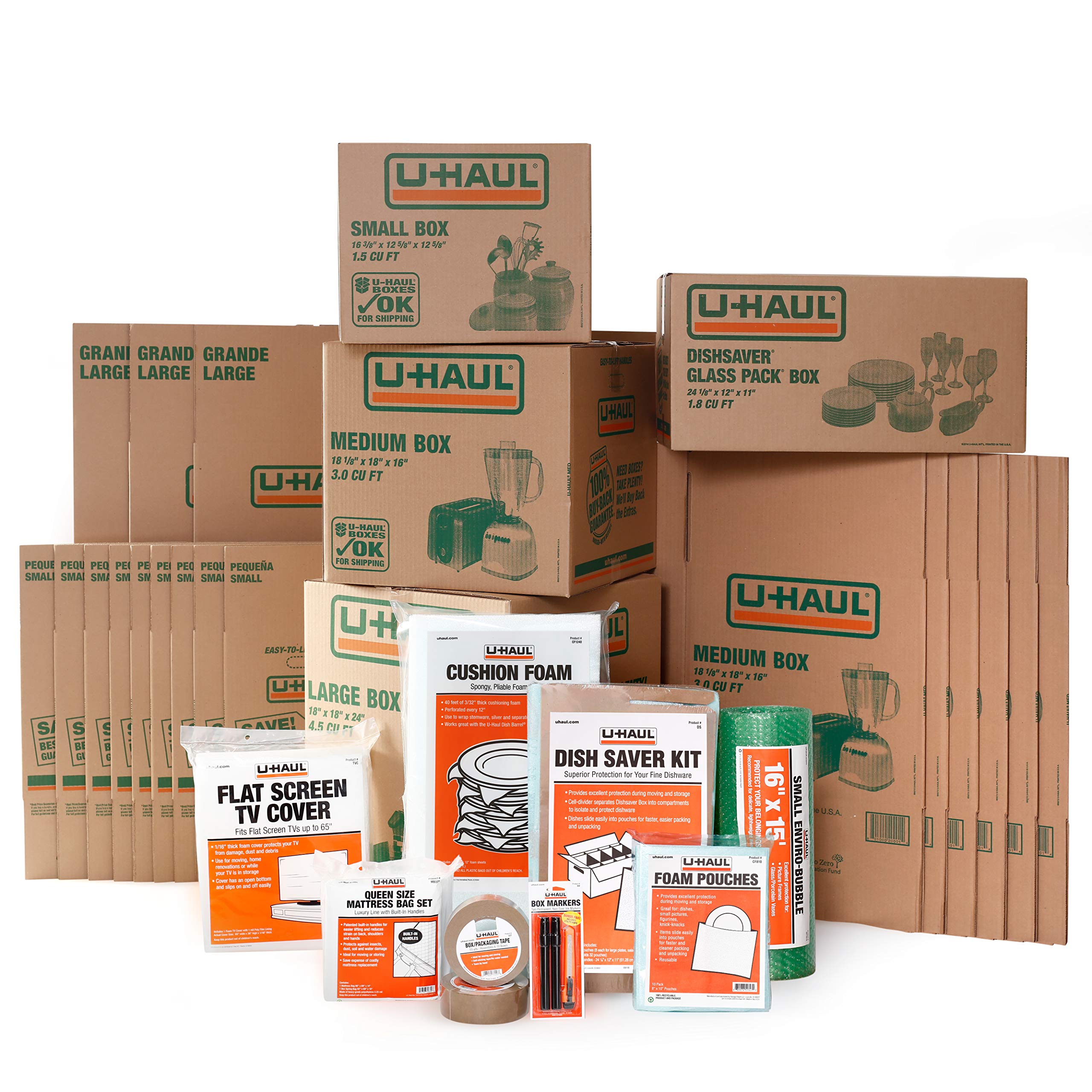 U-Haul Apartment Moving Kit - 21 Boxes, Dish Pack Kit, Foam Pouches, Tape, Mattress Bag & TV Cover | Complete Packing Supplies for Home Relocation & Storage | Perfect for Moving Houses, Apartments & College Dorms