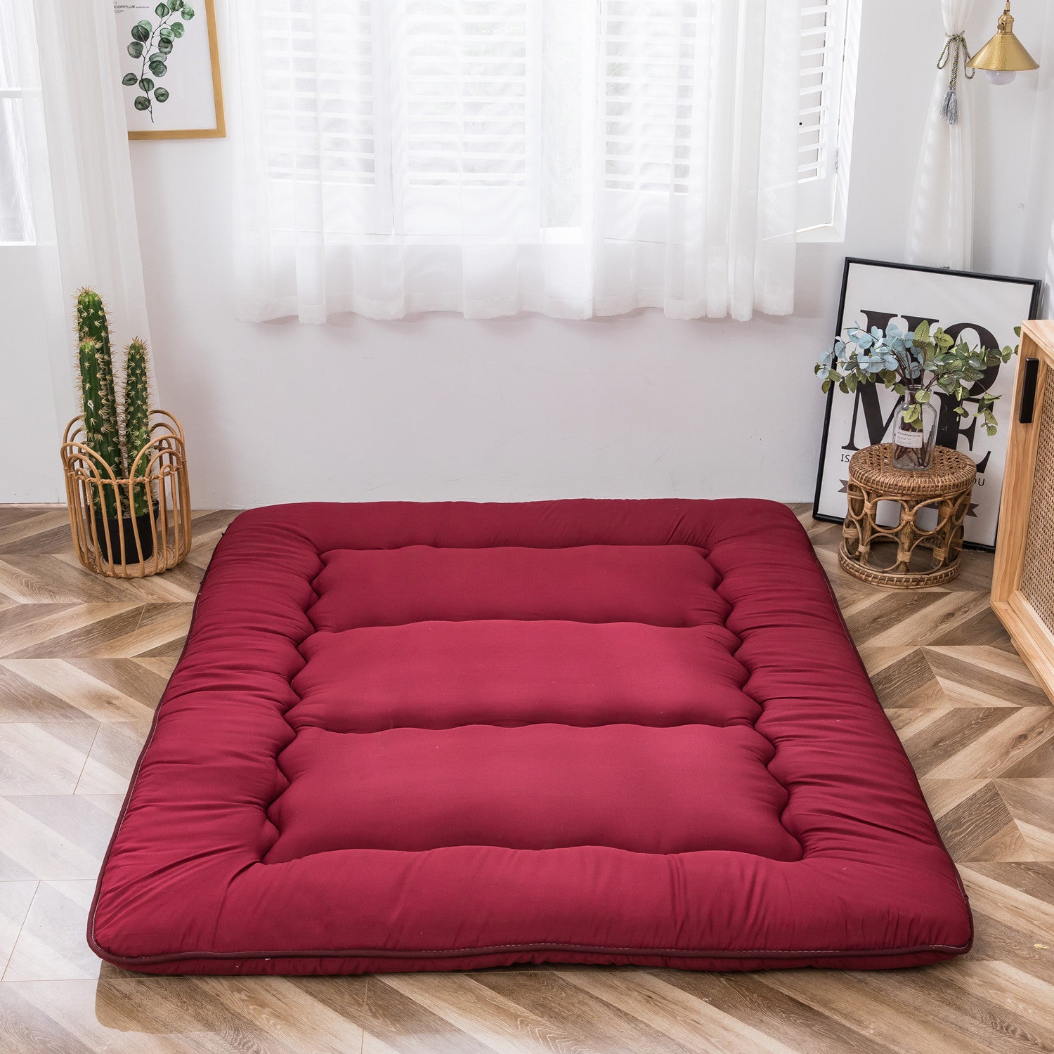 MAXYOYO Extra Thick Japanese Floor Futon Mattress - Burgundy Red | Comfortable Tatami Bedding for Guest Room, Small Space & Meditation