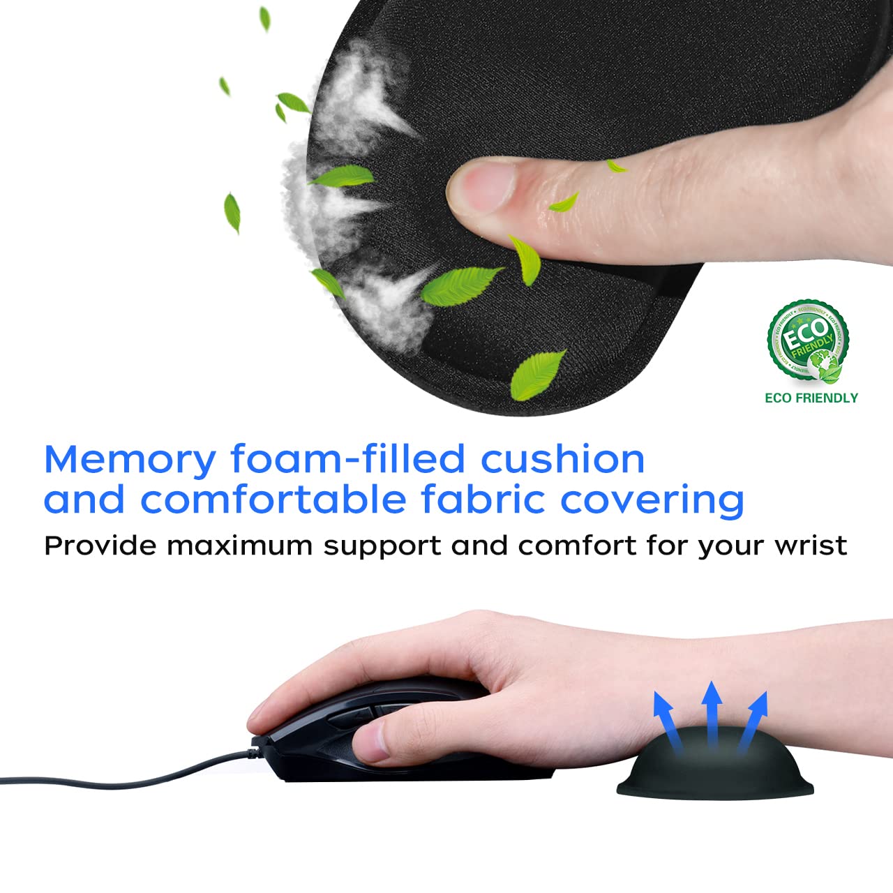 JIKIOU 2 Pack Memory Foam Mouse Wrist Rest Pad - Ergonomic Hand Support Cushion with Anti-Skid Rubber Base for Pain Relief - Perfect for Gaming, Office, Computer & Laptop Use (Black) - Ideal for Long Hours of Typing and PC Gaming Comfort